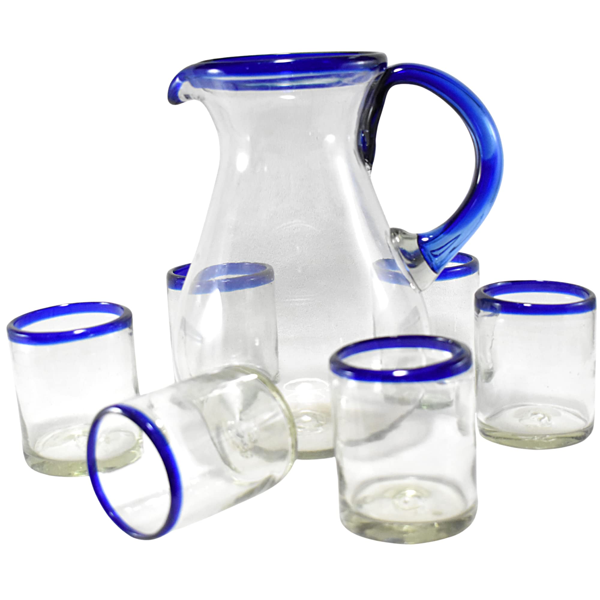Handmade Mexican Blown Glass Water Tumblers with Cobalt Blue Rim - 6-Piece Set with Pitcher for Iced Tea, Lemonade & Summer Beverages