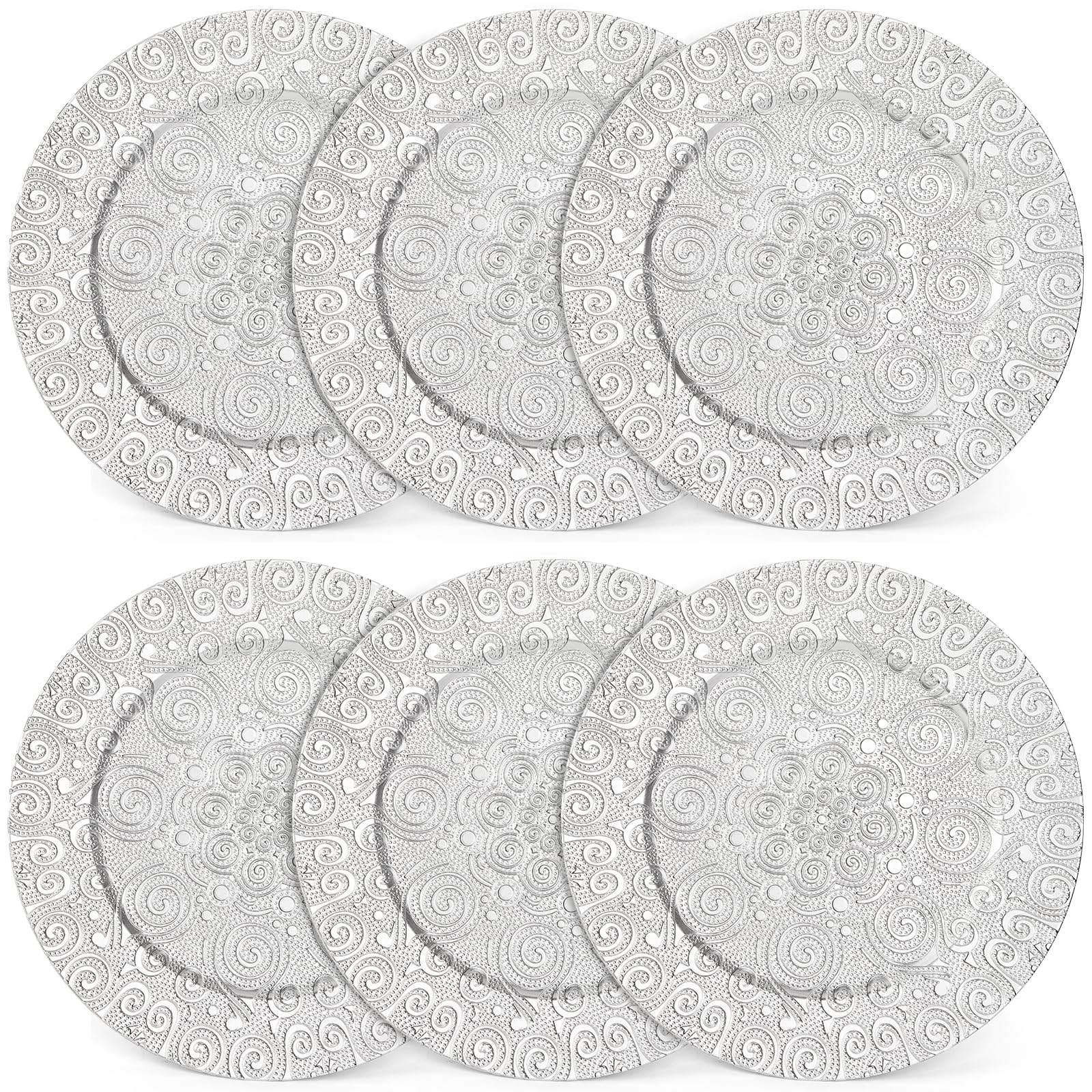 SOUJOY 12 Pack 13 Inch Silver Plastic Charger Plates - Elegant Round Phoenix Pattern Serving Dishes for Weddings, Parties, Anniversaries & Thanksgiving - Perfect for Formal Dining, Buffet Settings & Holiday Decor