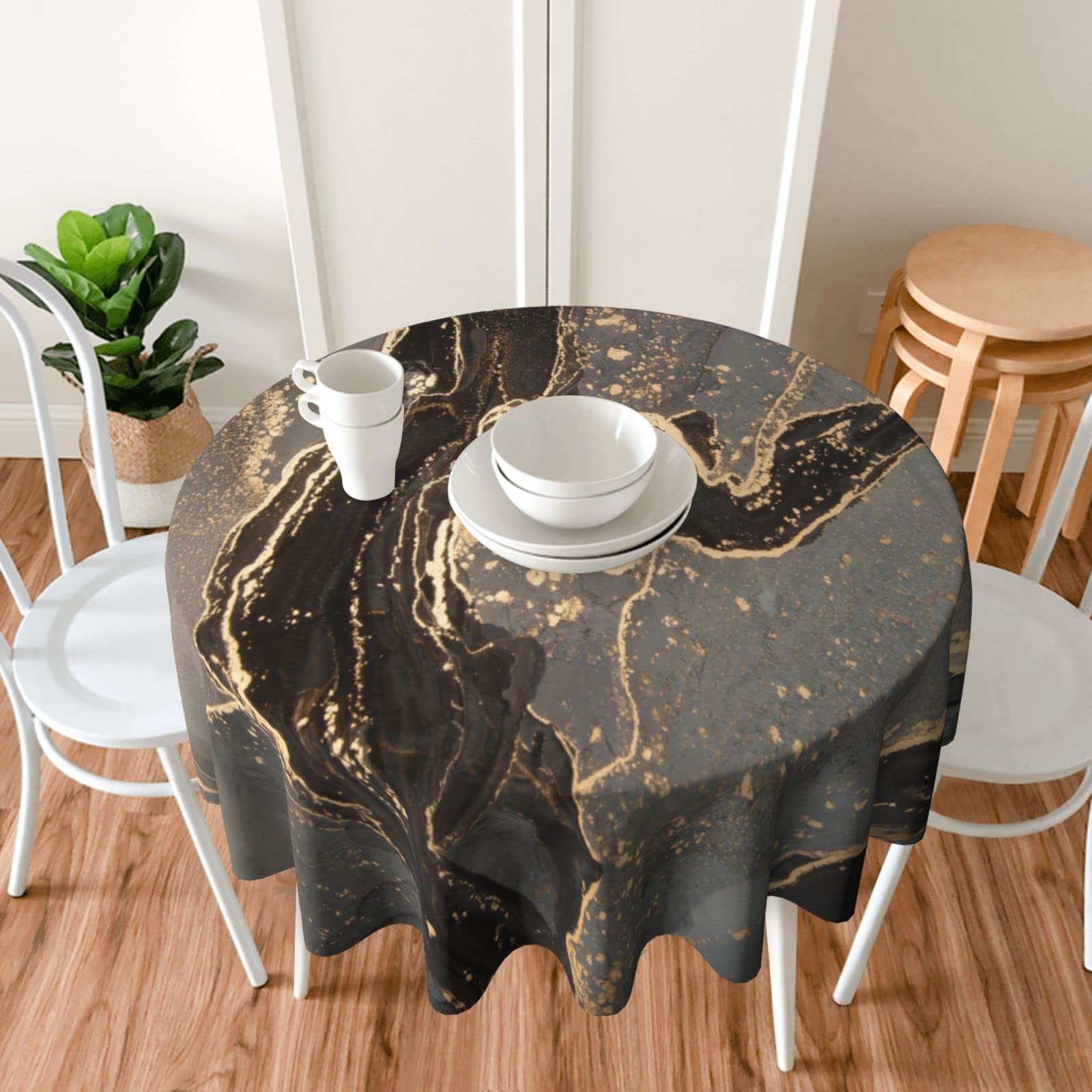 **60 Inch Round Black Gold Marble Tablecloth - Waterproof Polyester, Anti-Slip, Modern Gold Foil Design for Kitchen & Dining Table Decor - Perfect for Parties, Weddings & Home Decor**