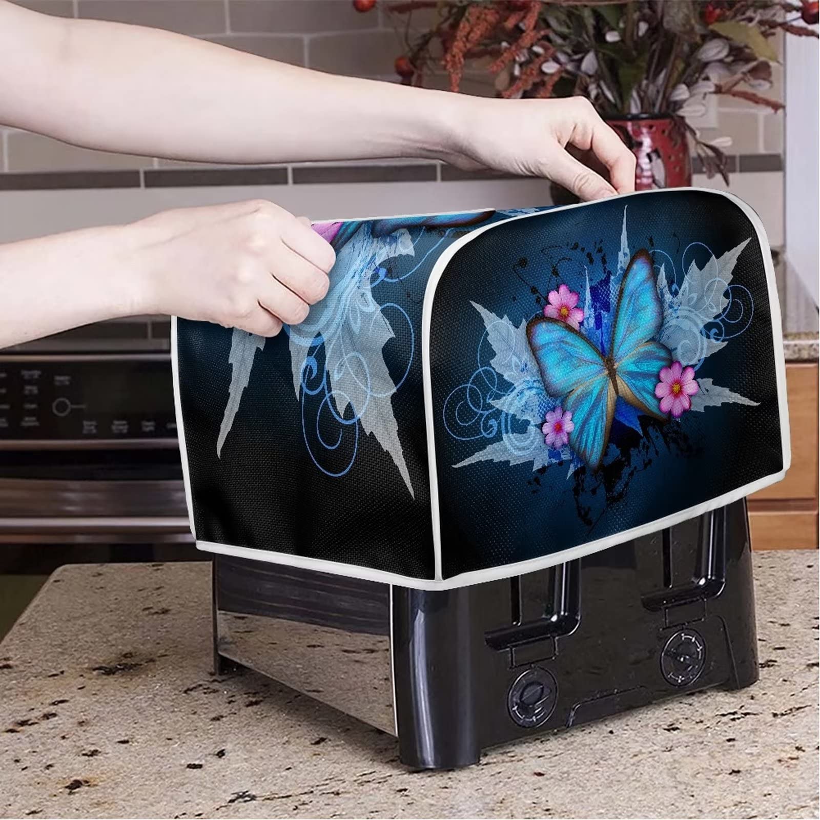 Xoenoiee Blue Butterfly Toaster Cover for 4 Slice Toasters - Washable Dust Protection Bag with Top Handle, Floral Leaf Pattern - Perfect for Kitchen Countertop, Small Appliance Protection & Home Decor