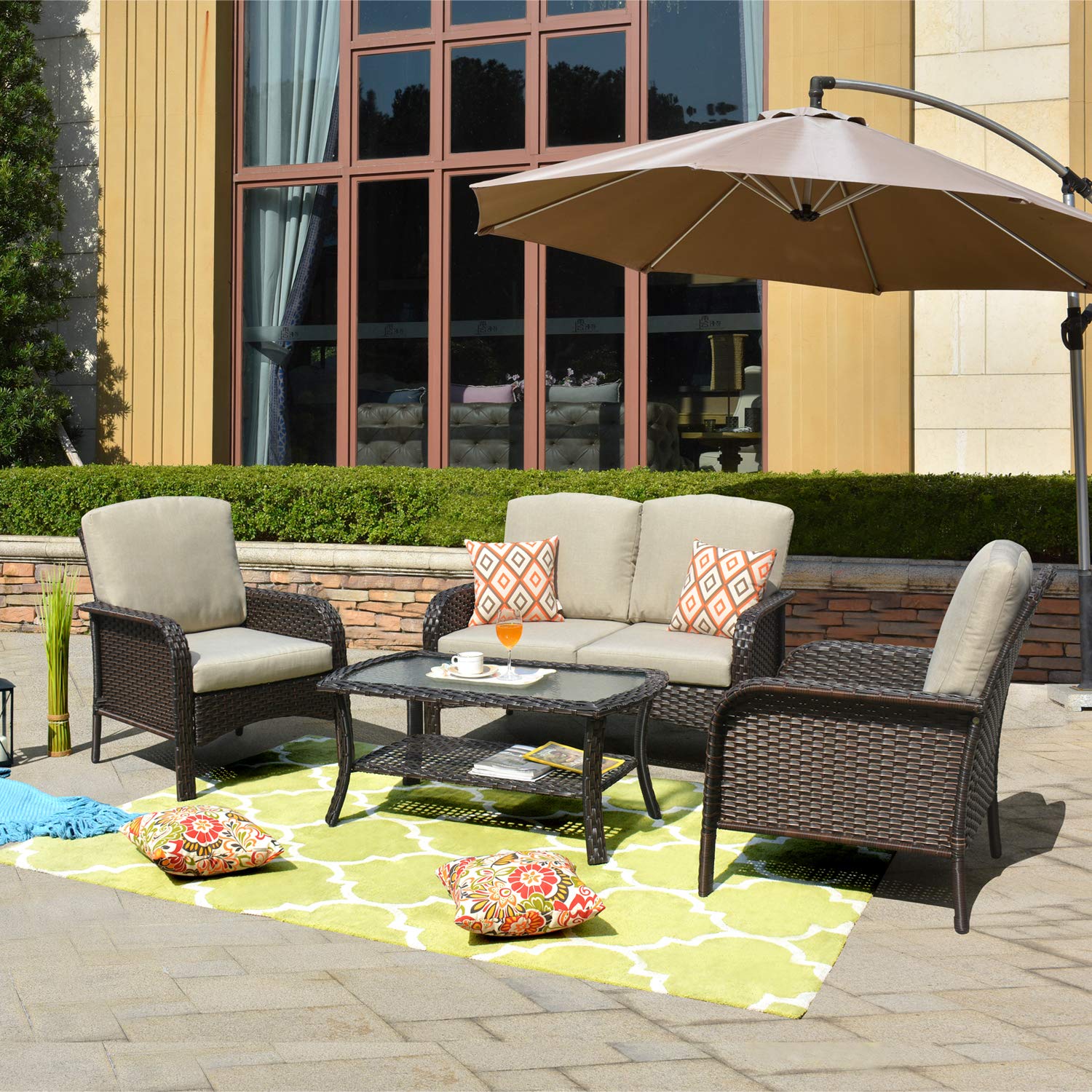 OVIOS 4-Piece Patio Furniture Set - All-Weather Wicker Sofa, Chairs & Coffee Table for Backyard, Garden, Porch, Balcony (Brown-Beige) | Outdoor Seating & Relaxation in Sun or Shade