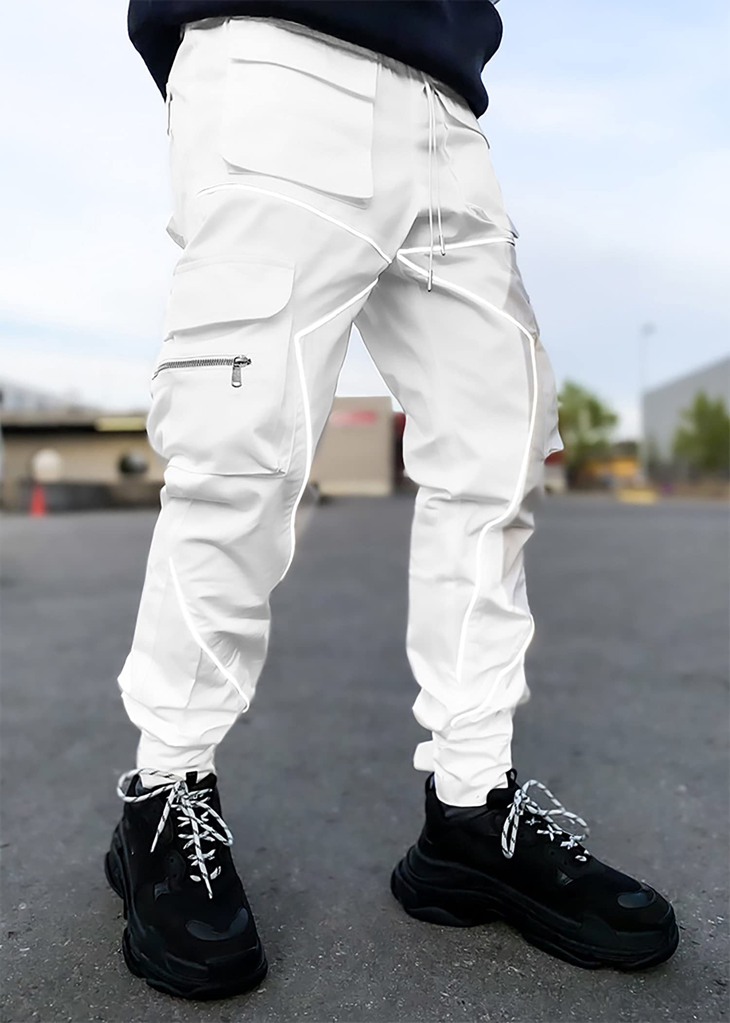 MOKEWEN Men's Reflective Casual Punk Jogger Cargo Pants with Multiple Pockets - Stylish Streetwear for Running, Hiking & Night Outfits