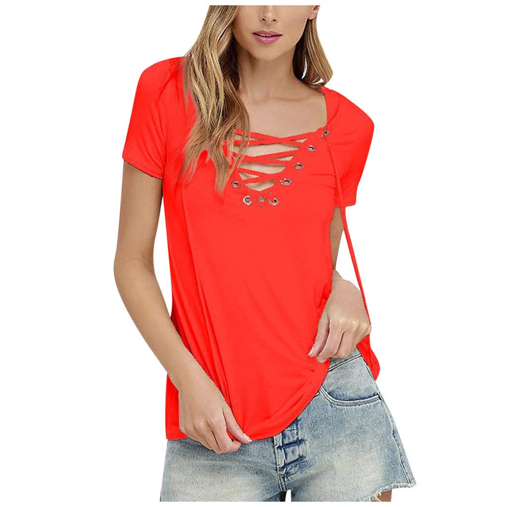 Women's Summer V-Neck Short Sleeve T-Shirt - Casual Tunic Blouse for Beach, Travel & Everyday Wear | Soft & Comfortable Tee for Active Women | Solid Color Top