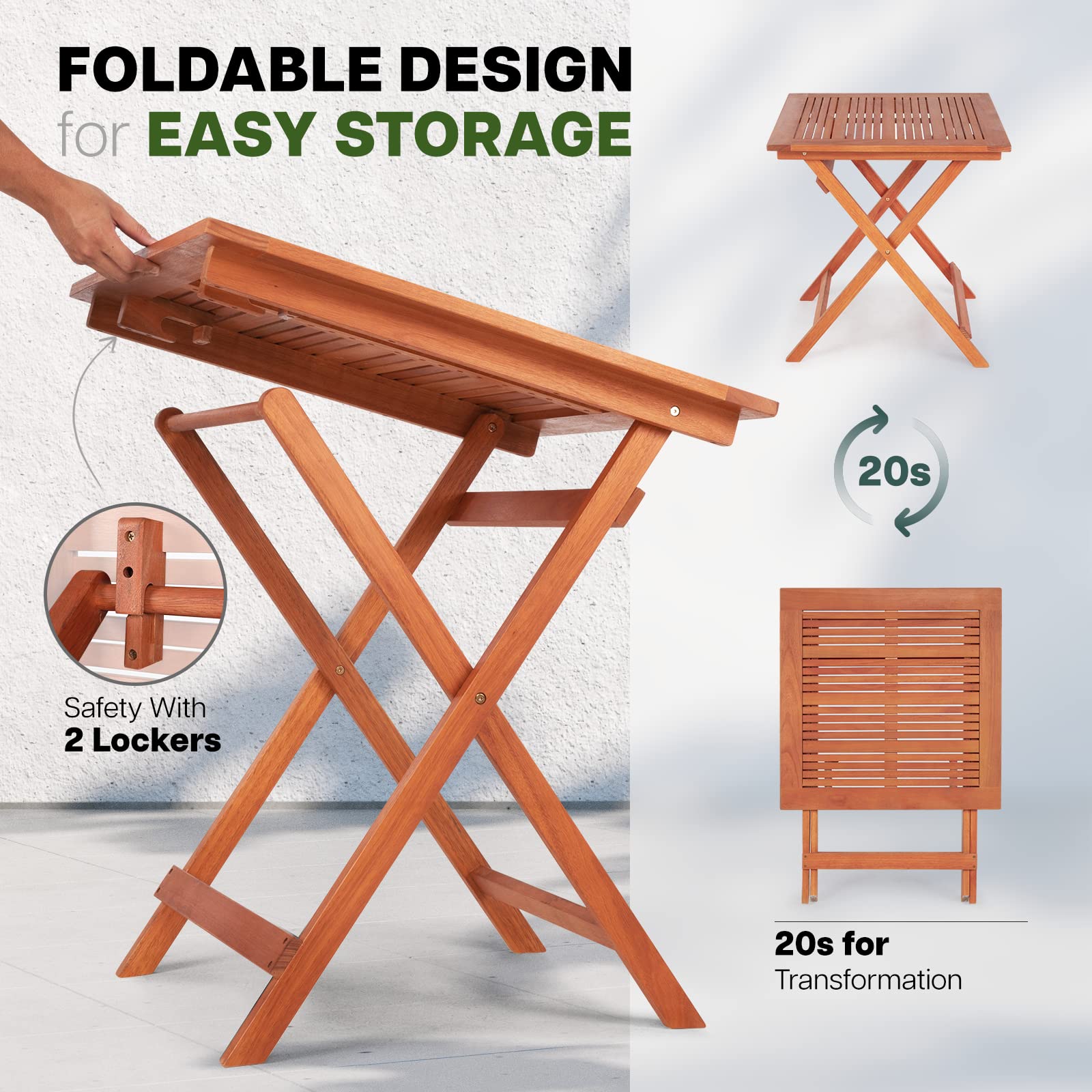 IDZO 27.75 Inch Square Eucalyptus Wood Patio Dining Table - Heavy Duty 275lbs Capacity Outdoor Furniture for Garden, Patio, Balcony - Perfect for Backyard BBQs, Poolside Dining & Small Space Entertaining