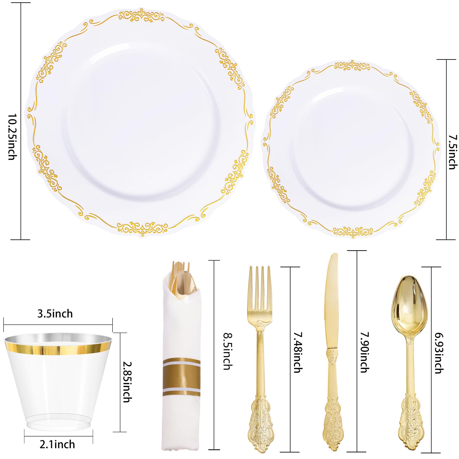 175-Piece Gold Plastic Party Dinnerware Set - 25 Dinner Plates, 25 Dessert Plates, 25 Gold Cutlery, 25 9oz Cups & 25 Rolled Napkins - Elegant White & Gold Disposable Tableware for Weddings, Birthdays & Special Events