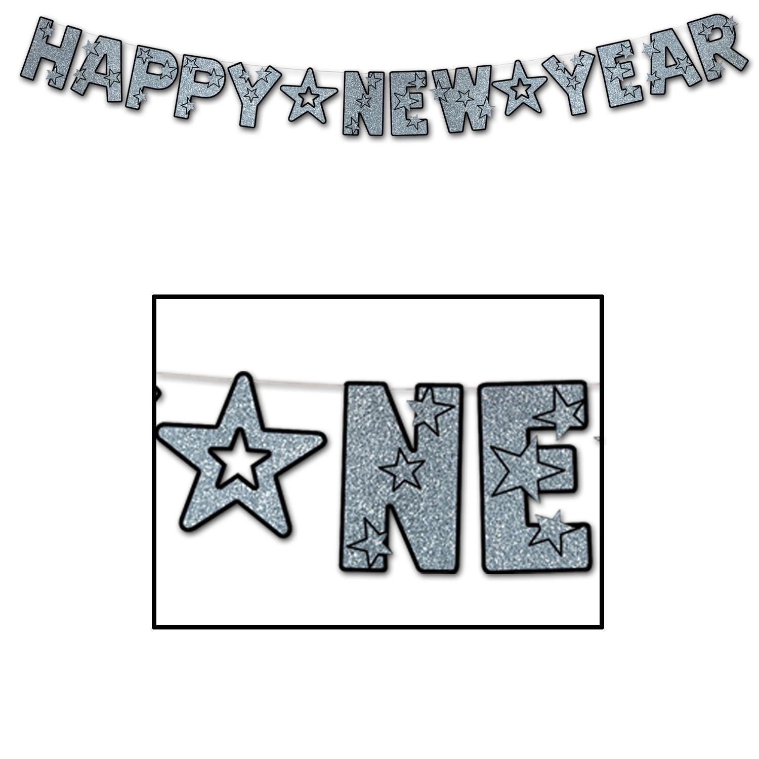 12 Pack Beistle Glittered Happy New Year Streamers - Black & Silver Party Decorations for New Year's Eve, Countdown Parties & Celebrations