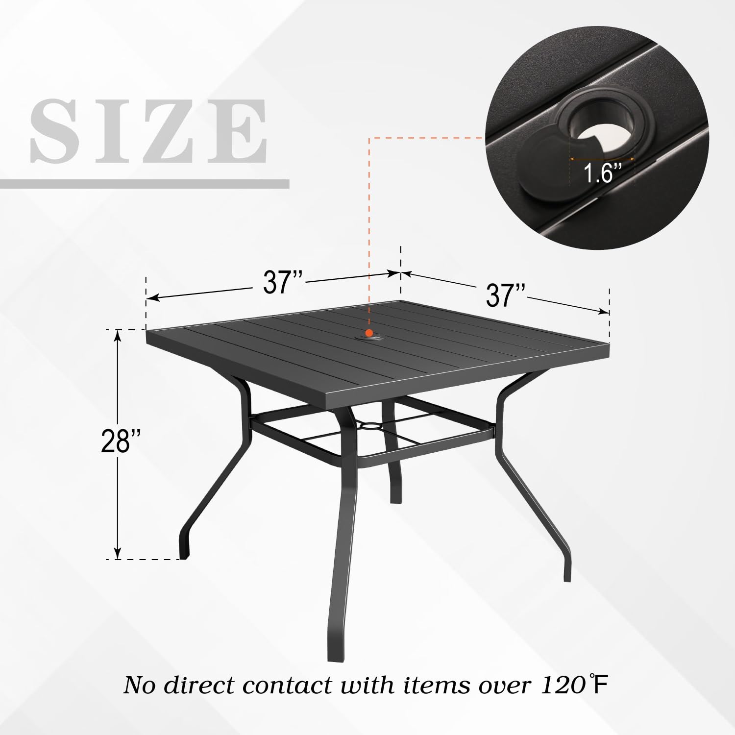 Outdoor Square Bistro Table 37x37 Inch - Black Metal Steel Picnic Table with 1.57