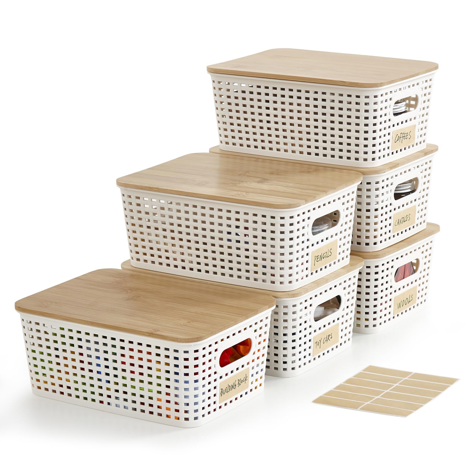 6-Pack Small Plastic Storage Bins with Bamboo Lids - 5.2qt Stackable Organizing Box Baskets for Pantry, Closet, Office & Desktop - Decorative Containers with Labels (Cream White, 10