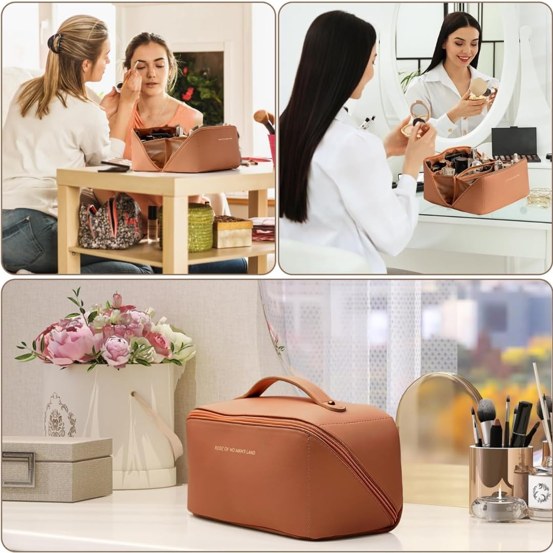 Large Capacity Waterproof Travel Cosmetic Bag with Handle & Divider - Multifunctional Makeup Organizer for Women (Brown, 10cm) | Perfect for Airplane Carry-on, Gym Essentials & Toiletry Storage