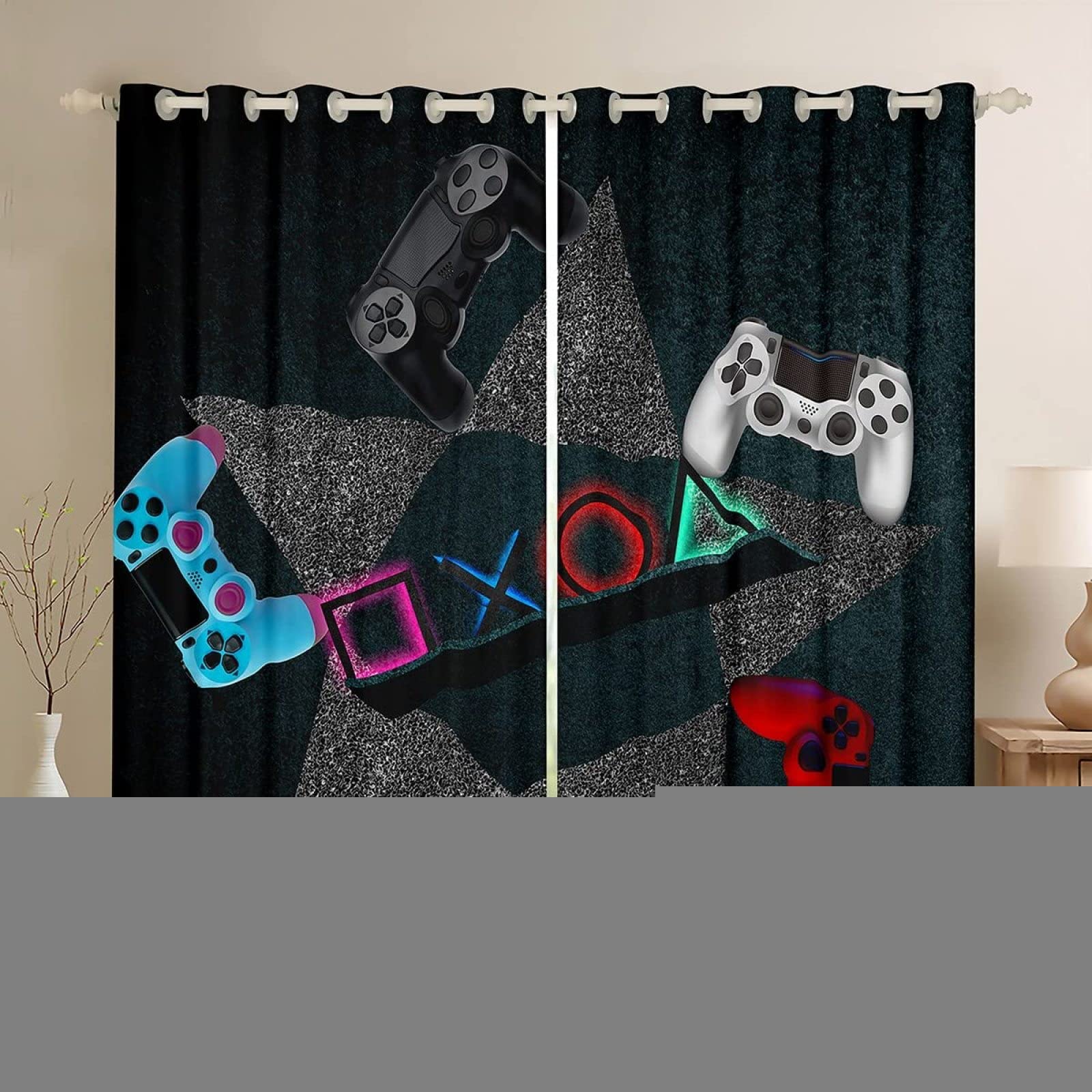 3D Camo Gaming Themed Kids Blackout Curtains - 2 Panels Set, Thermal Insulated Grommet Drapes with Frosted Pentagram Design (42
