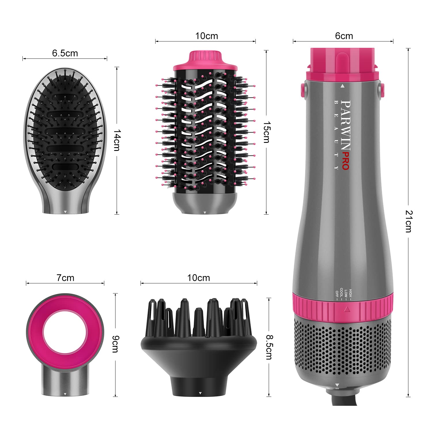 PARWIN PRO BEAUTY 4-in-1 Ionic Hair Dryer Brush Set with Hot Air Styler, Diffuser & Frizz-Free Attachments - 1000W for Salon-Quality Blowouts at Home - Perfect for Daily Styling, Curly Hair Care & Travel Use