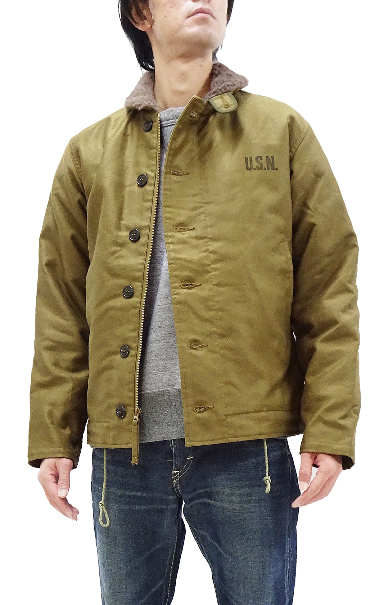 Buzz Rickson US Navy N-1 Deck Jacket Khaki BR15345 - Authentic Men's Reproduction Military Jacket for Outdoor & Casual Wear