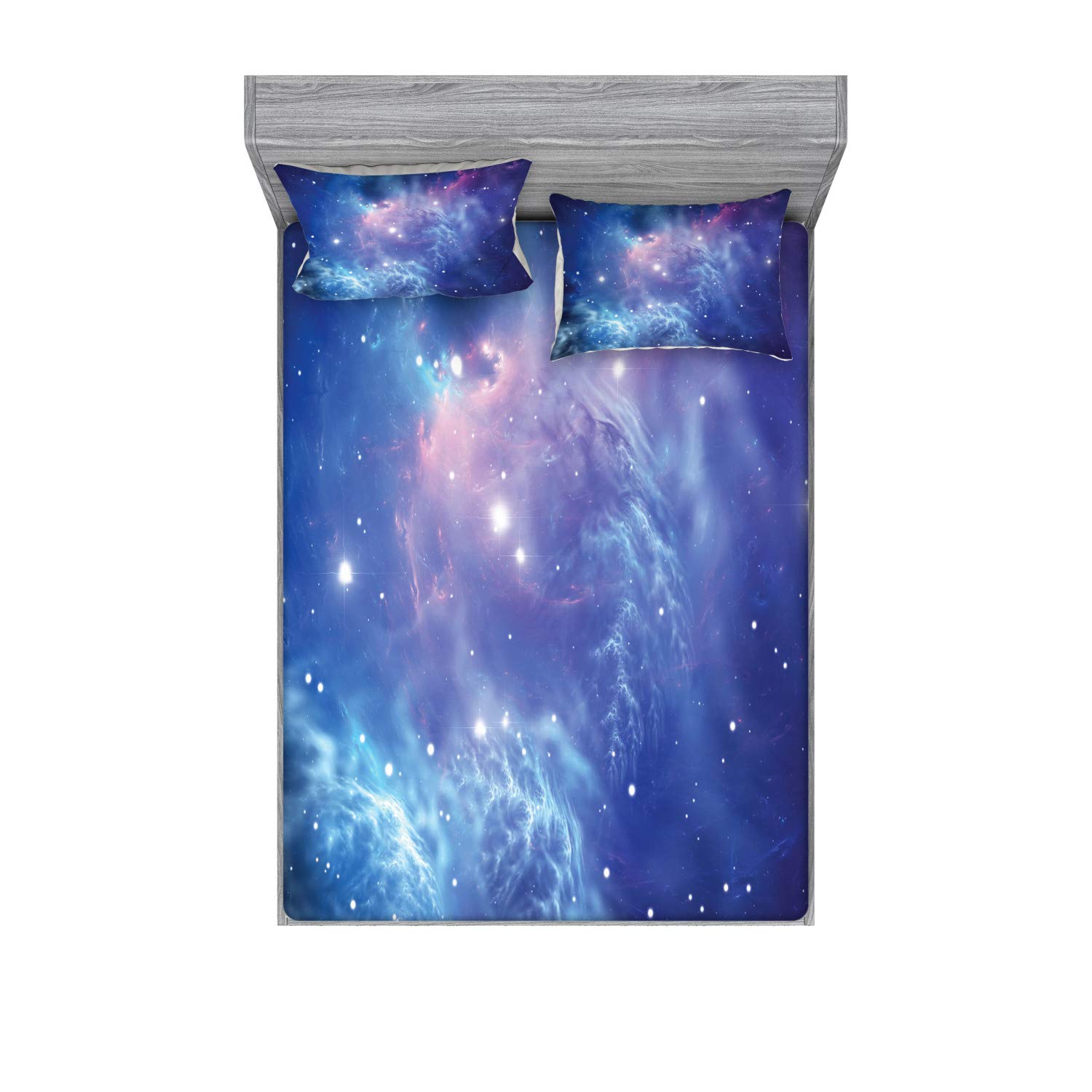 Ambesonne Outer Space Galaxy Bedding Set - Queen Size Fitted Sheet & Pillow Shams with Nebula Star Cluster Astronomy Print (3-Piece, Purple Navy) | Space Themed Bedroom Decor for Kids & Adults