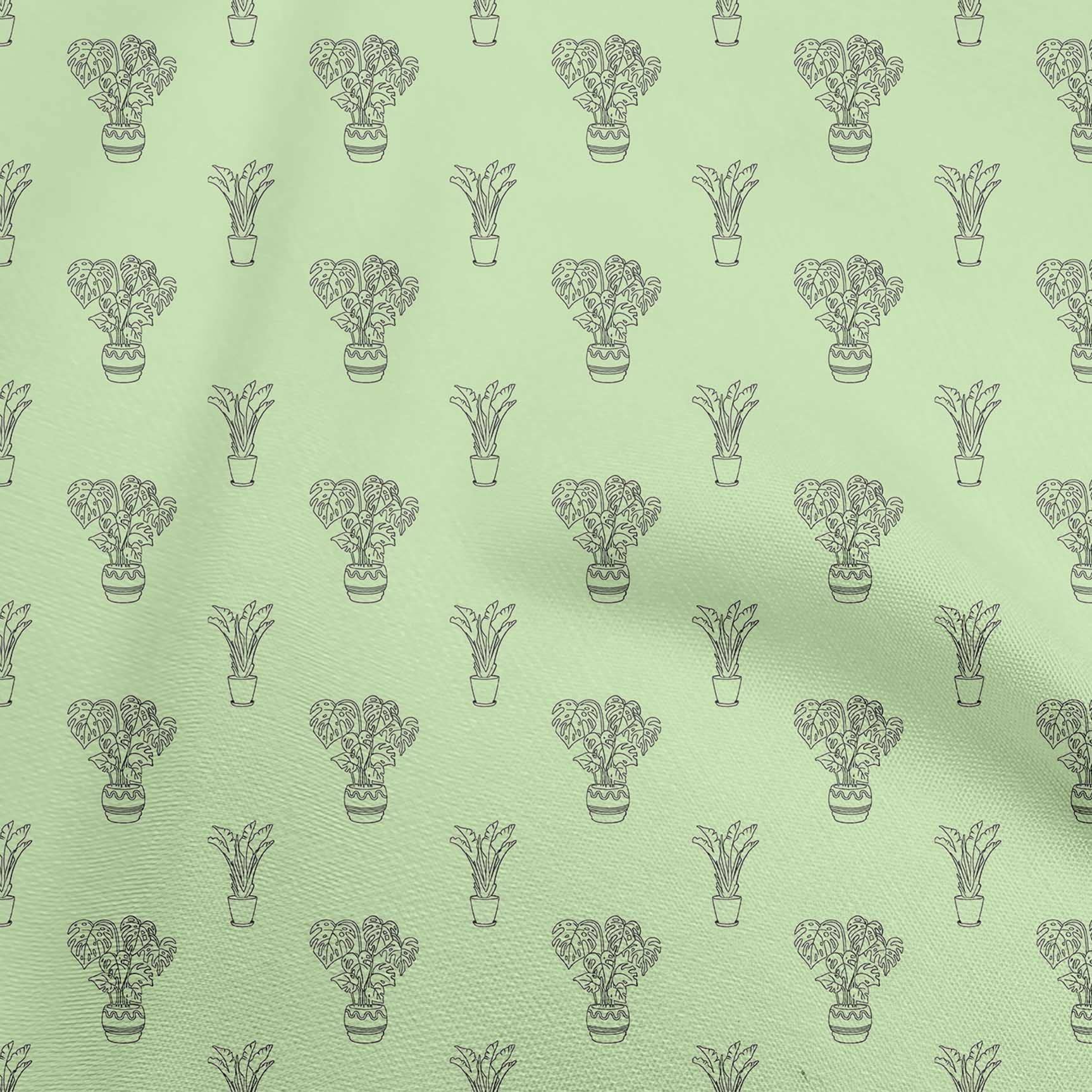 oneOone Polyester Spandex Light Green House Plants Printed Fabric - 56 Inch Wide for Sewing, DIY Crafts, Upholstery & Home Decor Projects