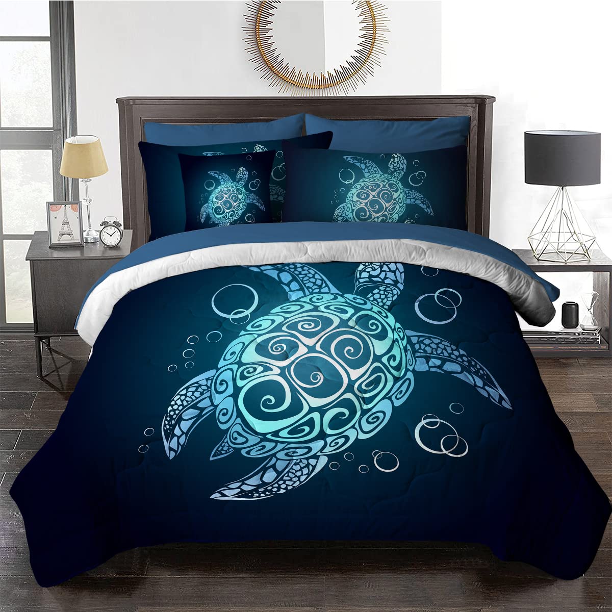 BlessLiving Sea Turtle Comforter Set - Queen Size 8-Piece Bed-in-a-Bag with Sheets, Shams & Decorative Pillow | Teal Turquoise Coastal Beach Theme Bedding | Perfect for Guest Rooms, Vacation Homes & Ocean-Themed Bedrooms