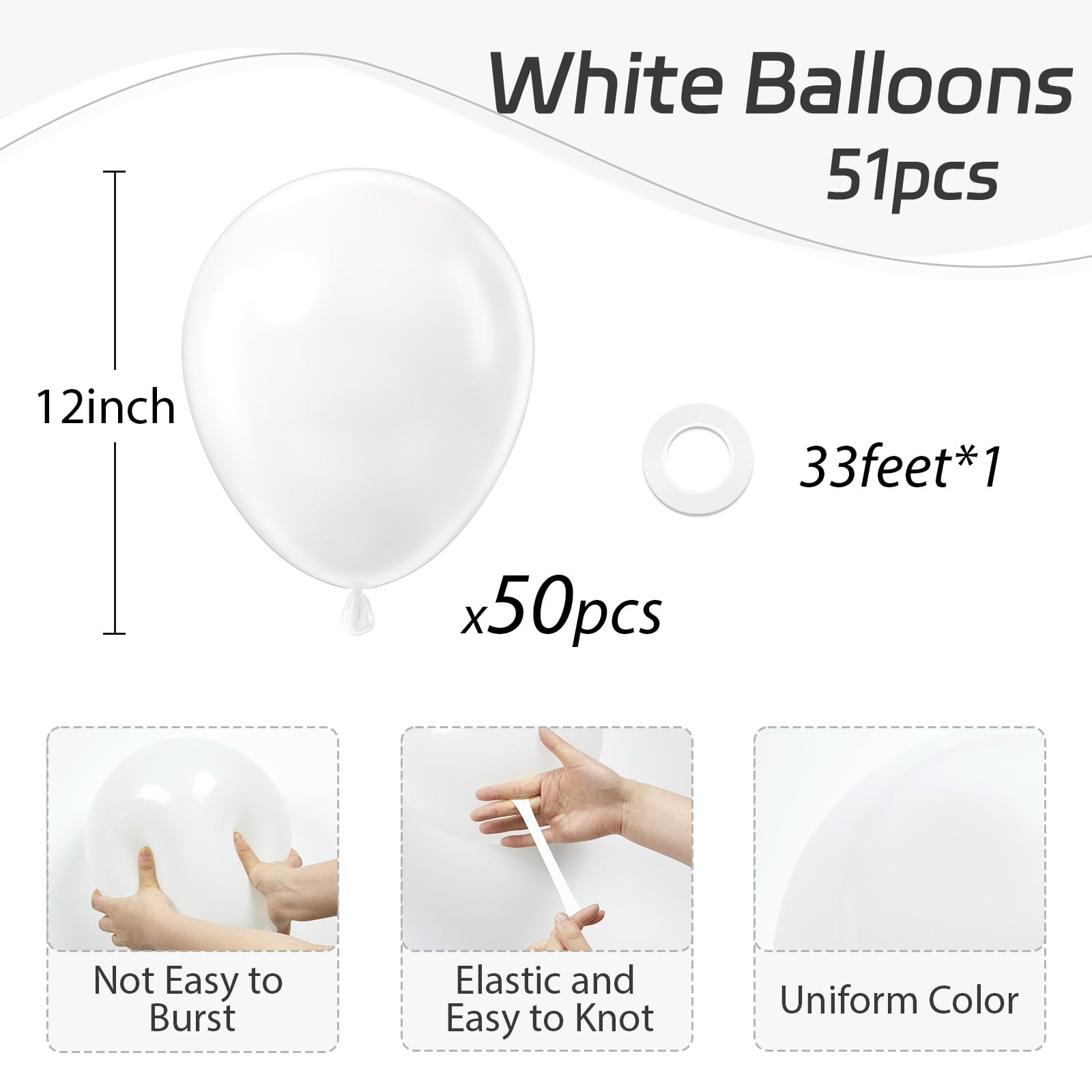 50 Pack 12 Inch White Latex Balloons - Premium Party Balloons for Engagement, Bachelorette, Bridal Shower, Wedding & Birthday Decorations - Perfect for Indoor & Outdoor Celebrations