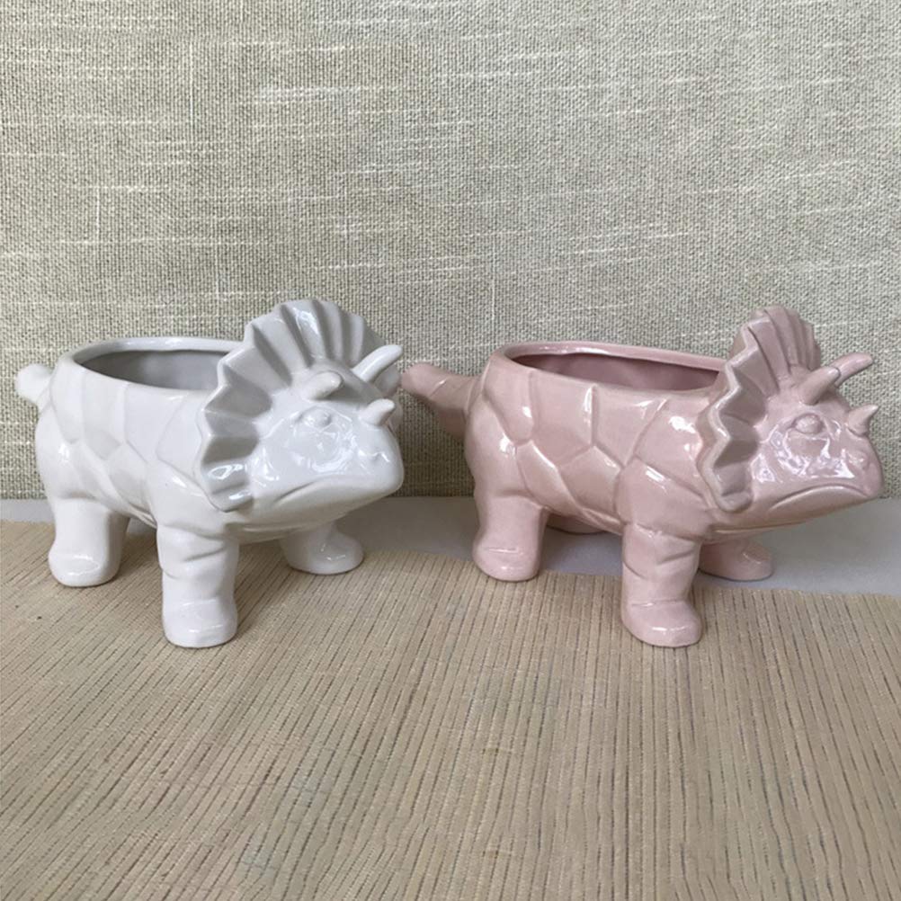 DOITOOL Ceramic Triceratops Succulent Planter - White Dinosaur Flower Pot for Small Plants, Cactus, Air Plants - Perfect for Home, Office Desk Decor & Gift Idea