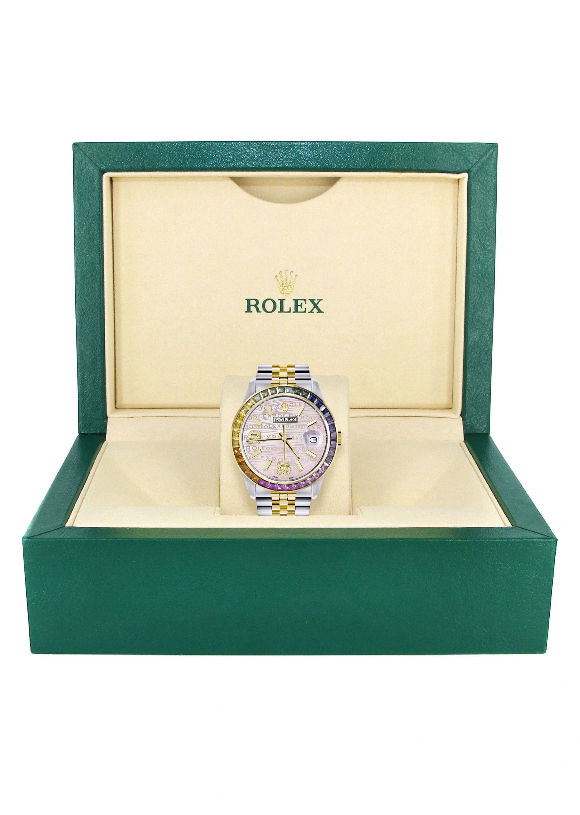 Luxury Diamond Gold Rolex Watch For Men 16233 | 36mm Rainbow Sapphire Bezel | Diamond Pink Dial | Jubilee Bracelet | Perfect for Gifts, Weddings & Special Occasions