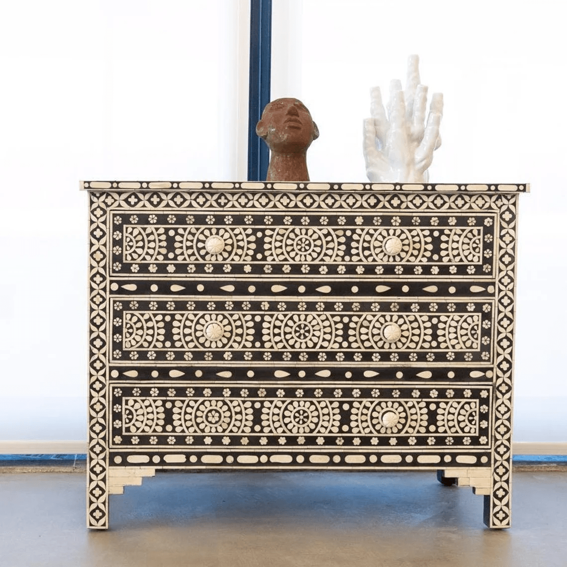 Handmade Bone Inlay Circular Flower Design Wooden Chest with 3 Drawers | Indian Inlay Furniture for Bedroom, Living Room & Home Decor
