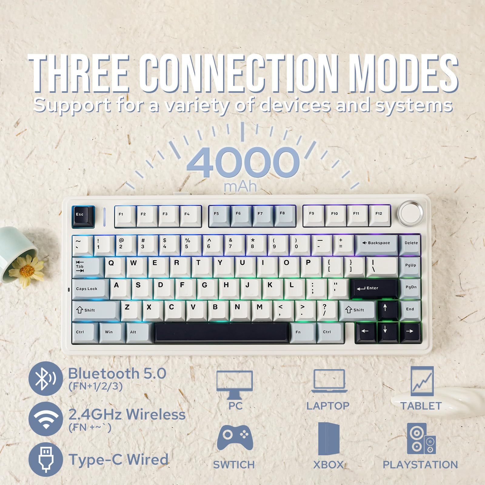 EPOMAKER x Aula F75 75% Wireless Mechanical Keyboard - Hot Swappable Gaming Keyboard with 5-Layer Padding & Knob, Bluetooth/2.4GHz/USB-C, RGB Backlit (Light Blue, Ice Vein Switch) - Perfect for Gaming, Office Work & Typing Enthusiasts