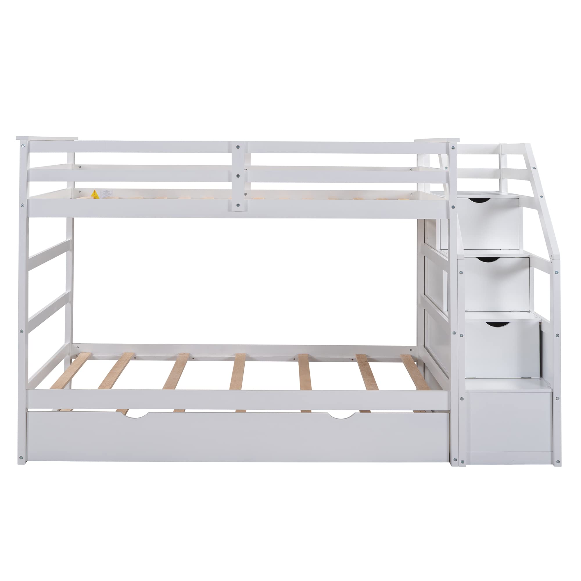Twin Over Twin Bunk Beds with Trundle & Stairs - Wooden Bunk Bed Frame with 3 Storage Drawers for Kids, Boys, Girls & Teens - Space-Saving Bedroom Solution for Siblings or Sleepovers - White