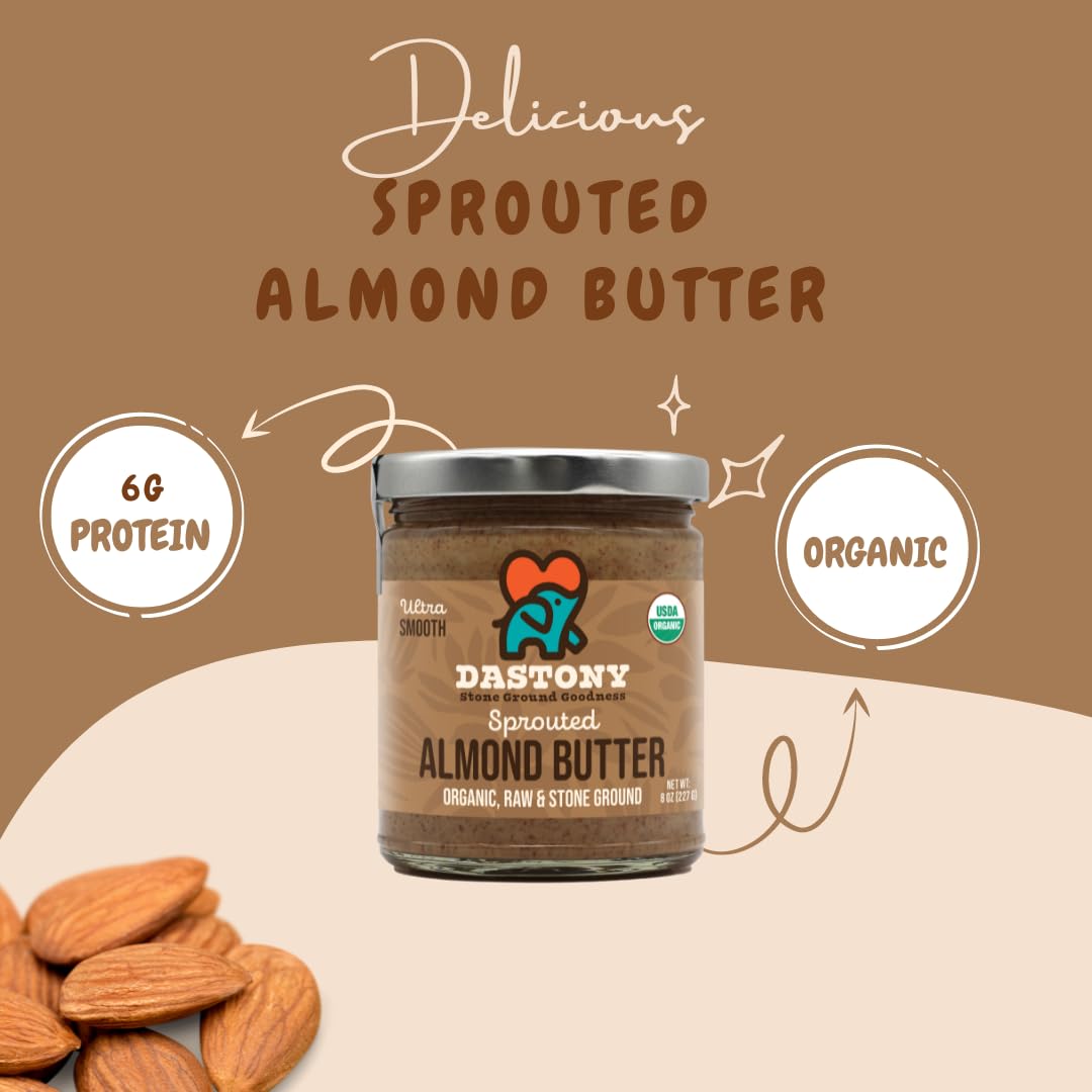Organic Raw Sprouted Almond Butter by Dastony, 8 oz – Single Ingredient, Vegan, Paleo & Keto Friendly, Non-GMO, Gluten-Free – Perfect for Smoothies, Toast & Healthy Snacks