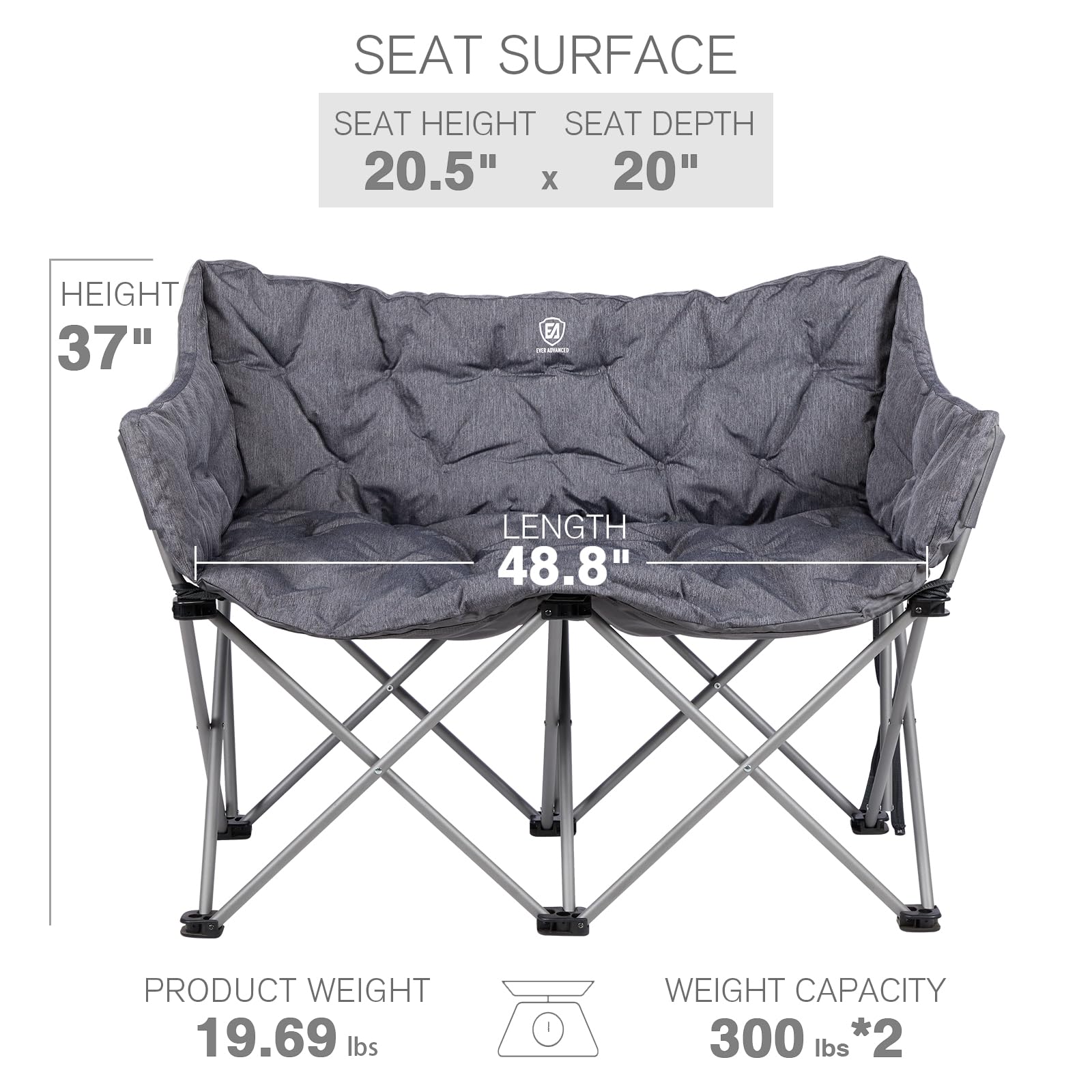 EVER ADVANCED Heavy Duty Double Camping Chair for Adults - 600lbs Capacity Padded Folding Love Seat with Side Pocket & Cushion - Portable Outdoor Bench for Couples, Picnics, Beach, Camping & Backyard Relaxation