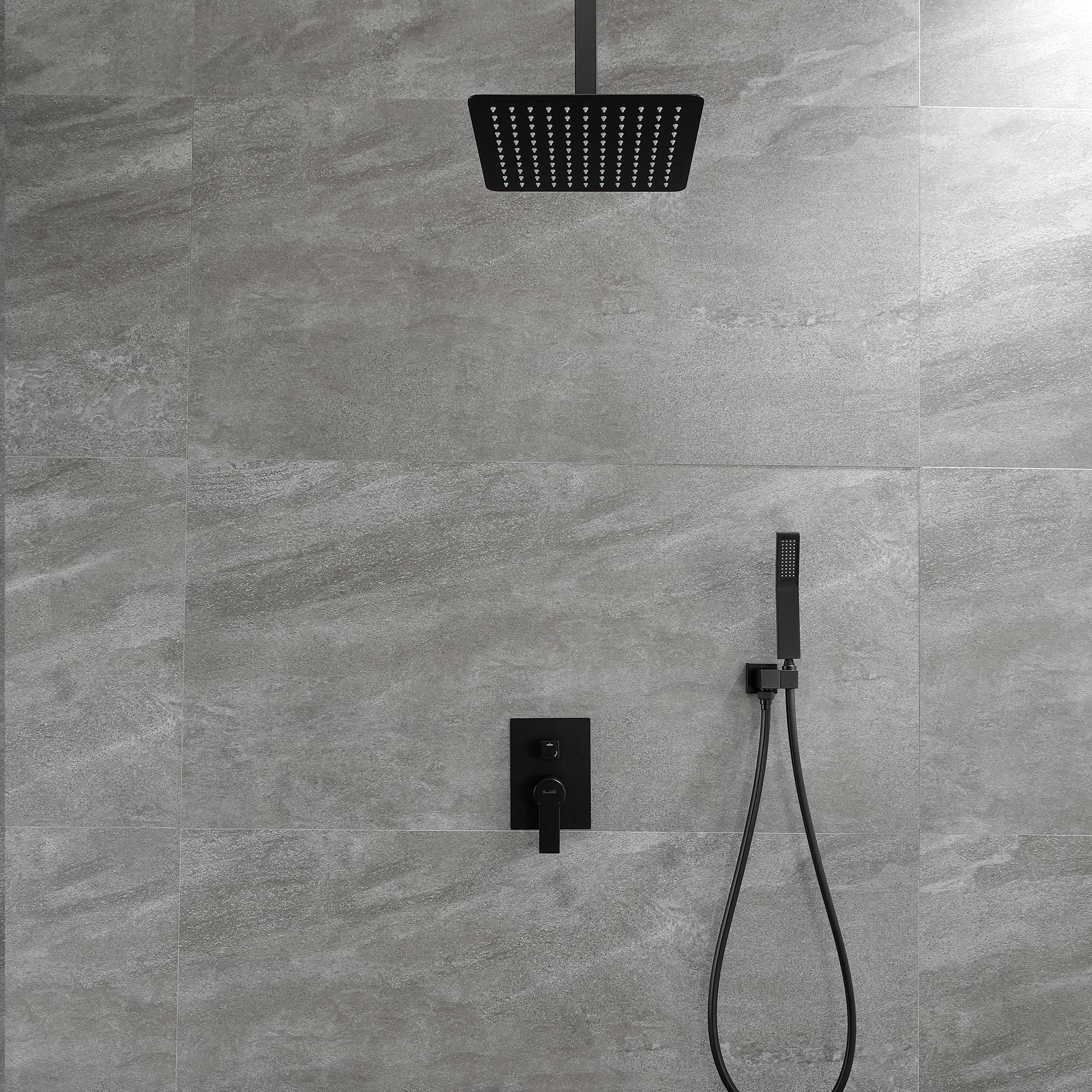 Luxury Matte Black Ceiling Mounted Rain Shower System - 12 Inch Rainfall Shower Head & Handheld Shower Combo with Rough-In Valve (Brass Construction) - Perfect for Modern Bathroom & Spa-Like Shower Experience
