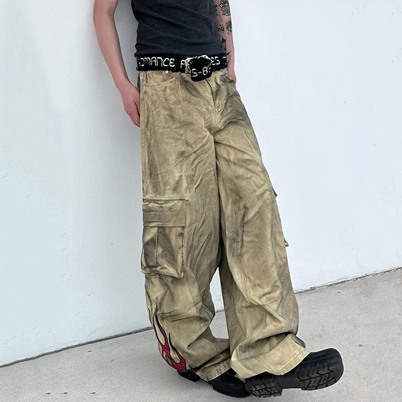 American Style Men's Distressed Denim Jeans with Flame Print & Large Pockets - Straight Leg Overalls for Summer Fashion | Casual Wear, Street Style, Outdoor Activities
