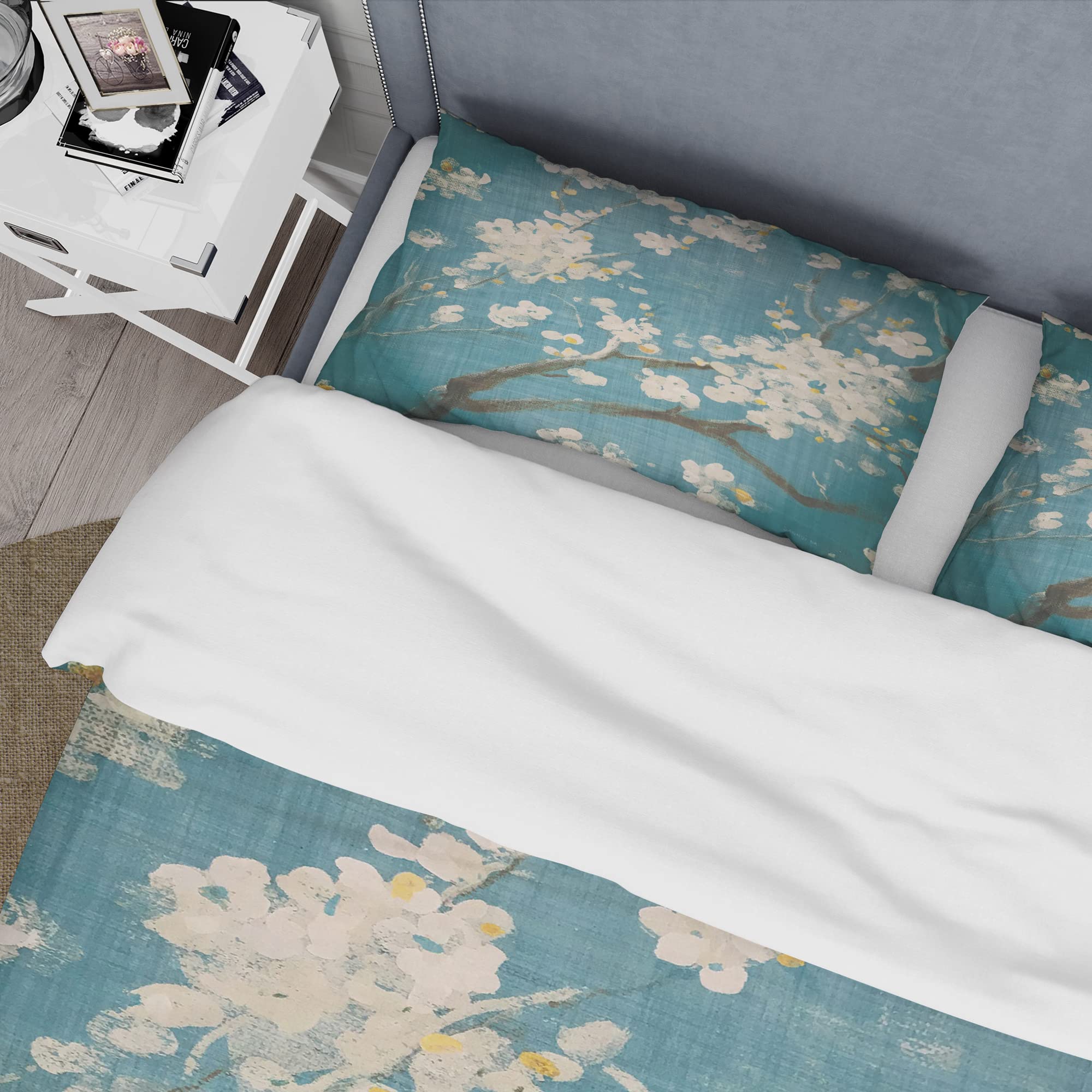 DesignQ Blue Cherry Blossoms II Cabin & Lodge Duvet Cover Set - Queen Size Floral Bedding (3-Piece) for All Seasons | Perfect for Rustic Bedrooms, Guest Rooms & Cozy Cabins