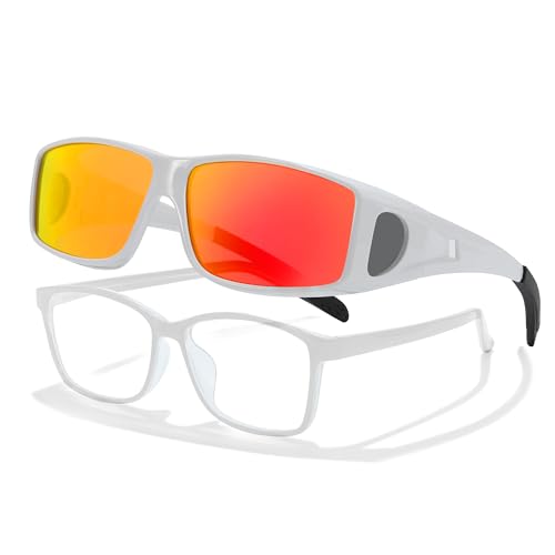 A18 White Frame Polarized Red Mirrored Lens Wrap Around Sunglasses