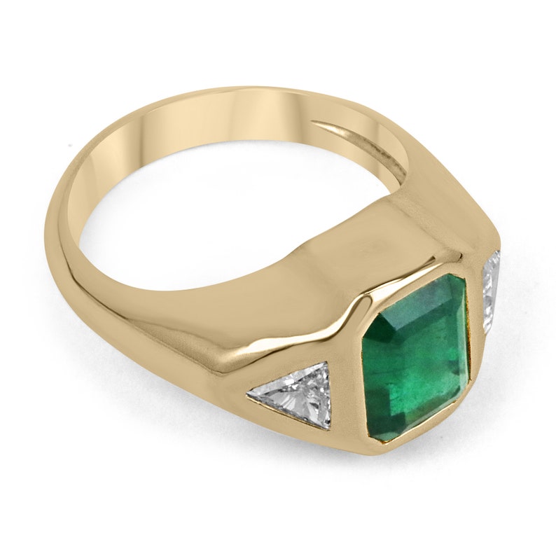 18K Gold AAA+ 3.24tcw Emerald and Diamond Three Stone Gypsy Ring for Women | Vertical Green Emerald with Trillion Cut Diamonds | Perfect for Engagement, Anniversary & Special Occasion Gifts