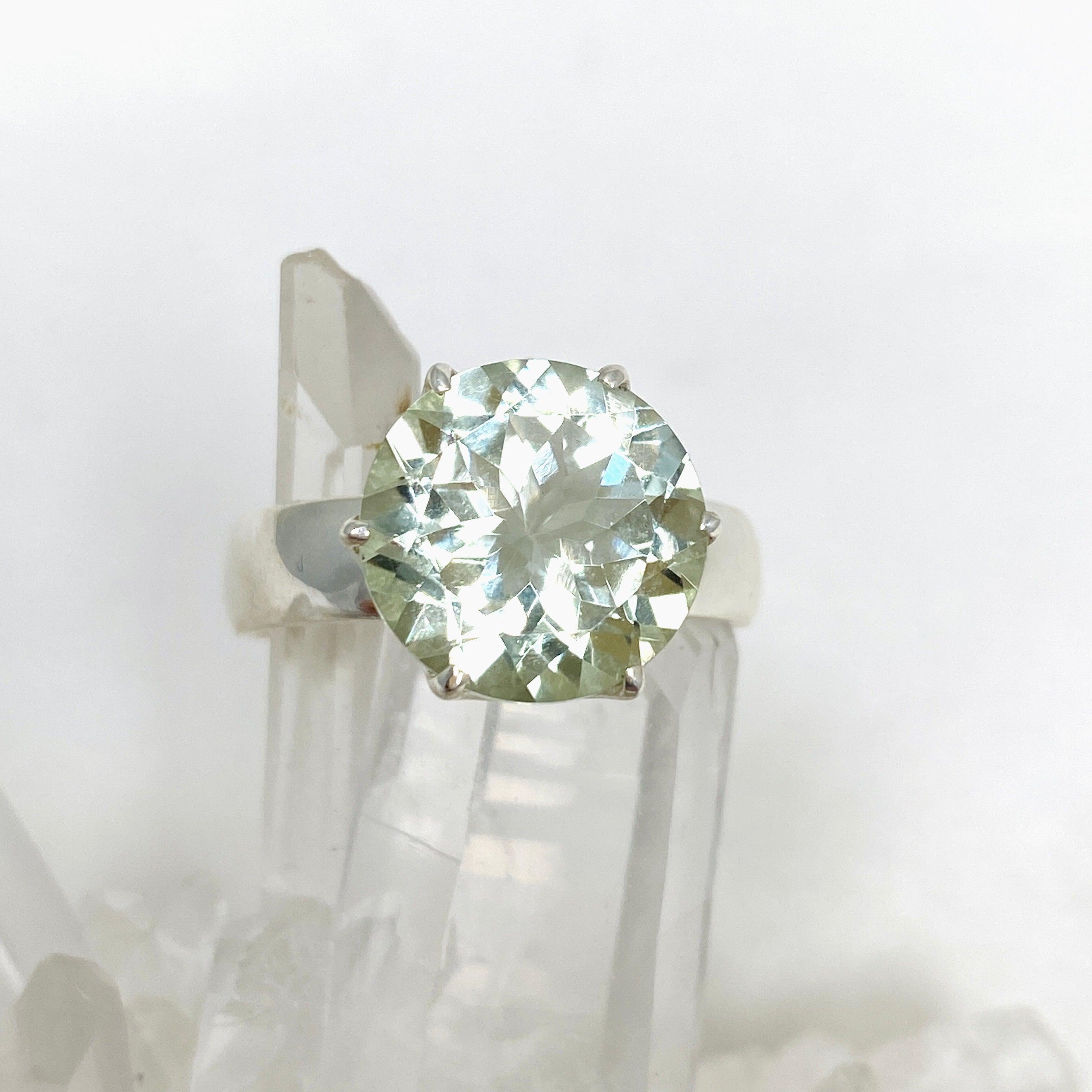 Natural Prasiolite (Green Amethyst) Faceted Round Ring - Size 12 - PRGJ415 - Perfect for Engagement, Wedding & Special Occasions
