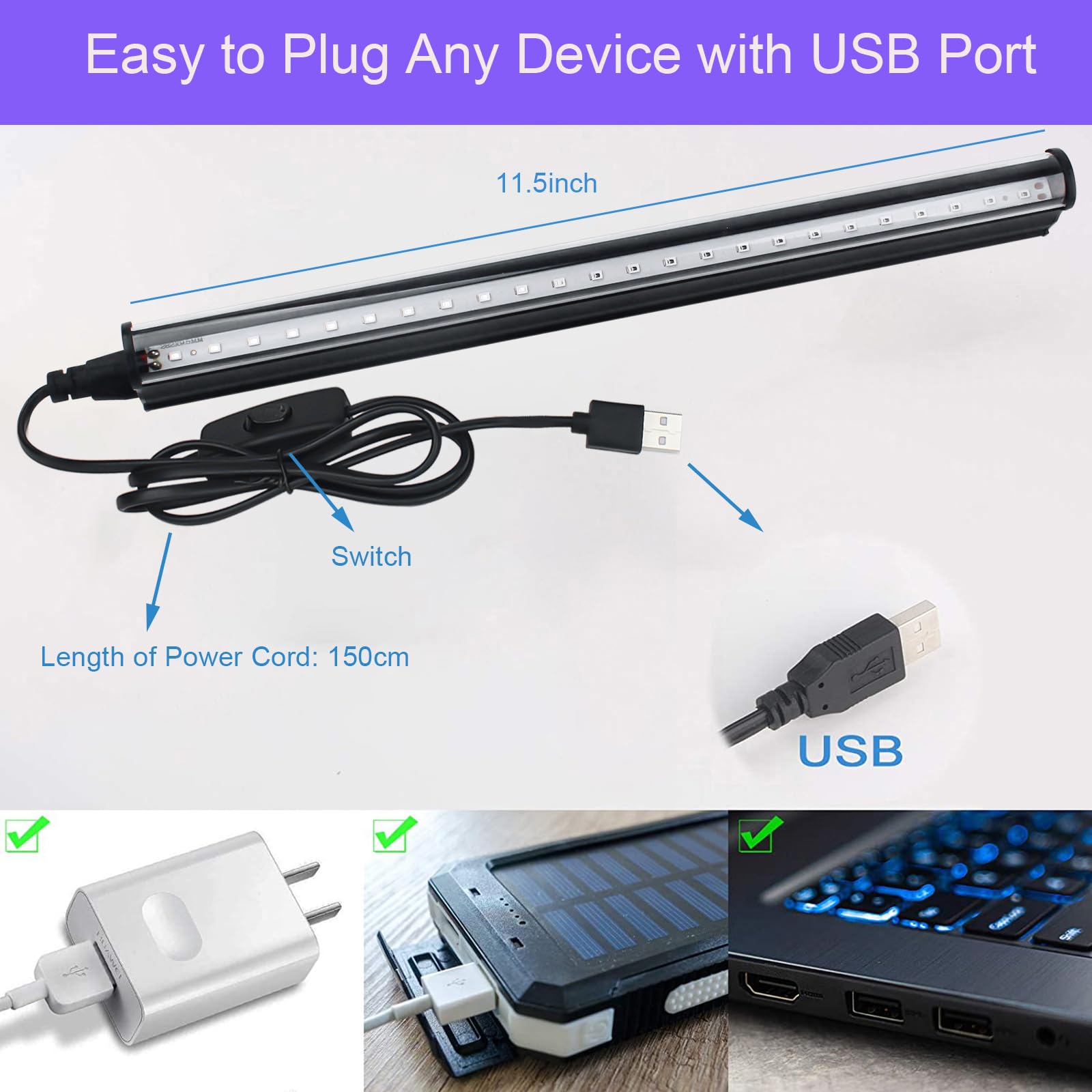 2 Pack 10W Black Light Bar - 1ft T5 LED UV Blacklight Fixture (395-400nm) with USB Power for Glow Parties, Body Paint, Fluorescent Posters - Perfect for Bedroom Decor, Birthday Events & Neon Art Displays