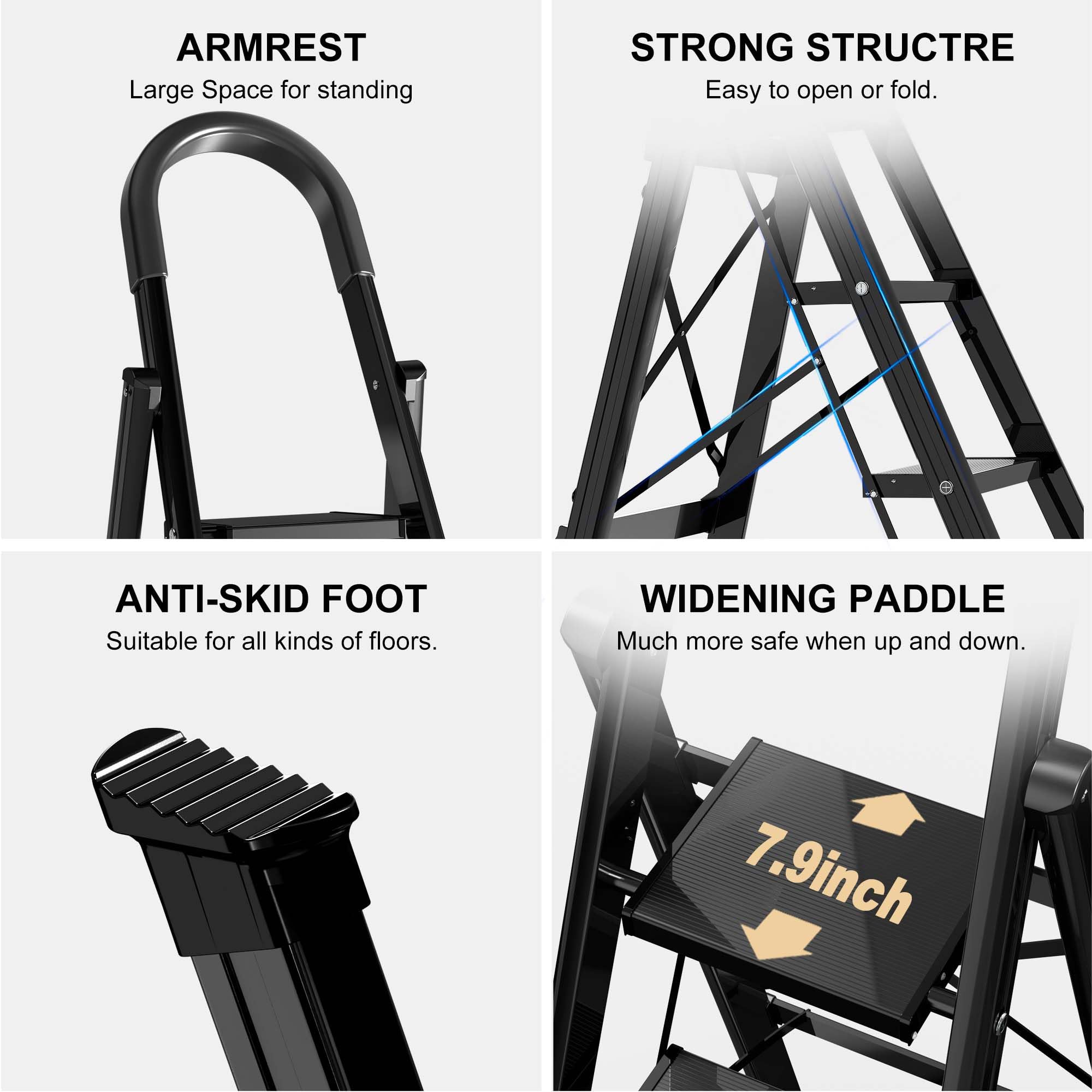 Lightweight Aluminum 6 Step Folding Ladder with Anti-Slip Wide Pedal - Space Saving Step Stool for Home, Kitchen, Garage & Office Use (Black)
