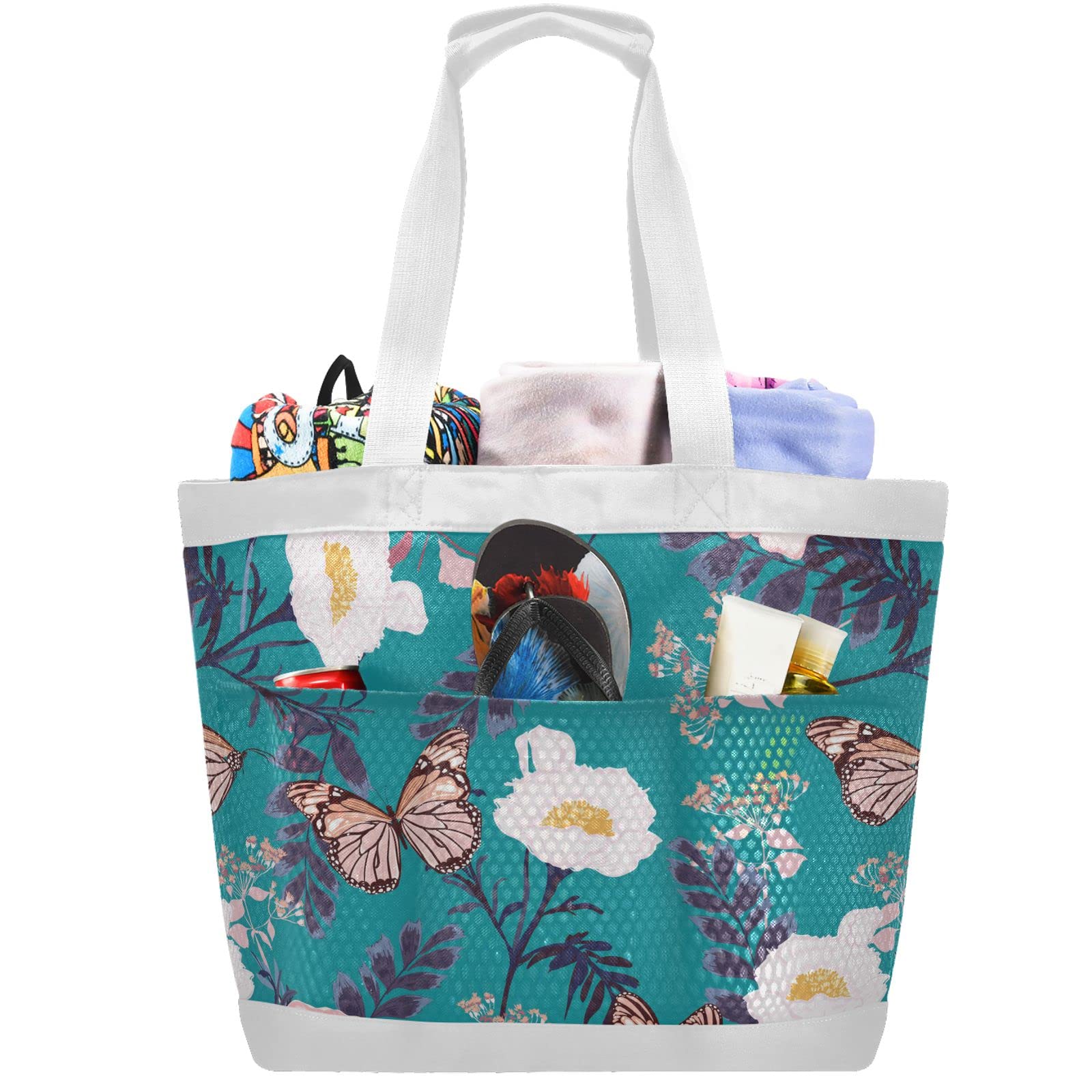 J JOYSAY Floral Blooming Flowers Mesh Beach Tote Bag - Large Waterproof & Sandproof Beach Bag for Women, Perfect for Pool, Gym, Sports, Travel & Summer Outings