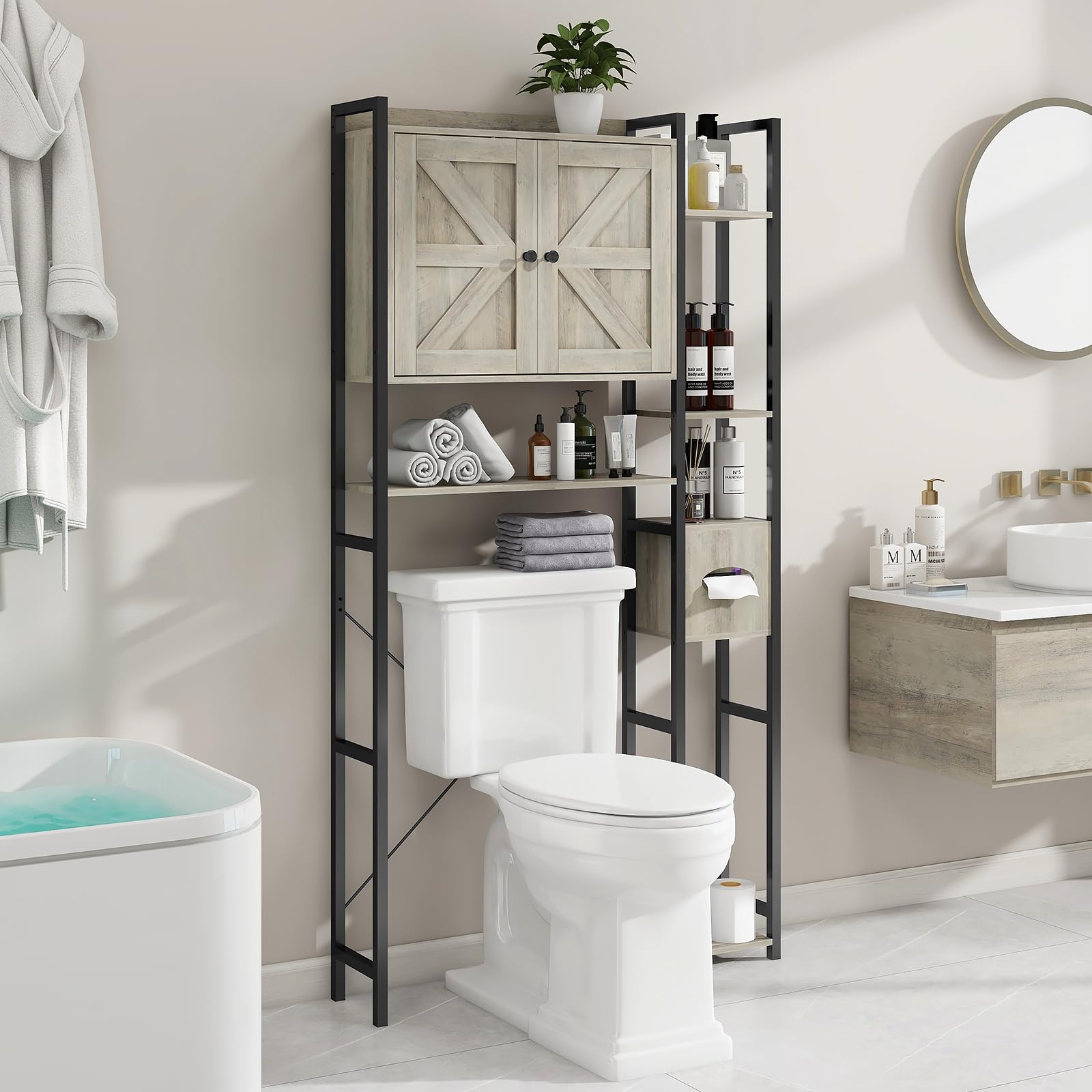 Over The Toilet Storage Cabinet with 2 Doors - Multi Layer Shelves & Waterproof Feet - Bathroom Organizer for Toilet Paper, Towels & Essentials - Perfect for Small Spaces, Laundry Room & Apartment Bathrooms