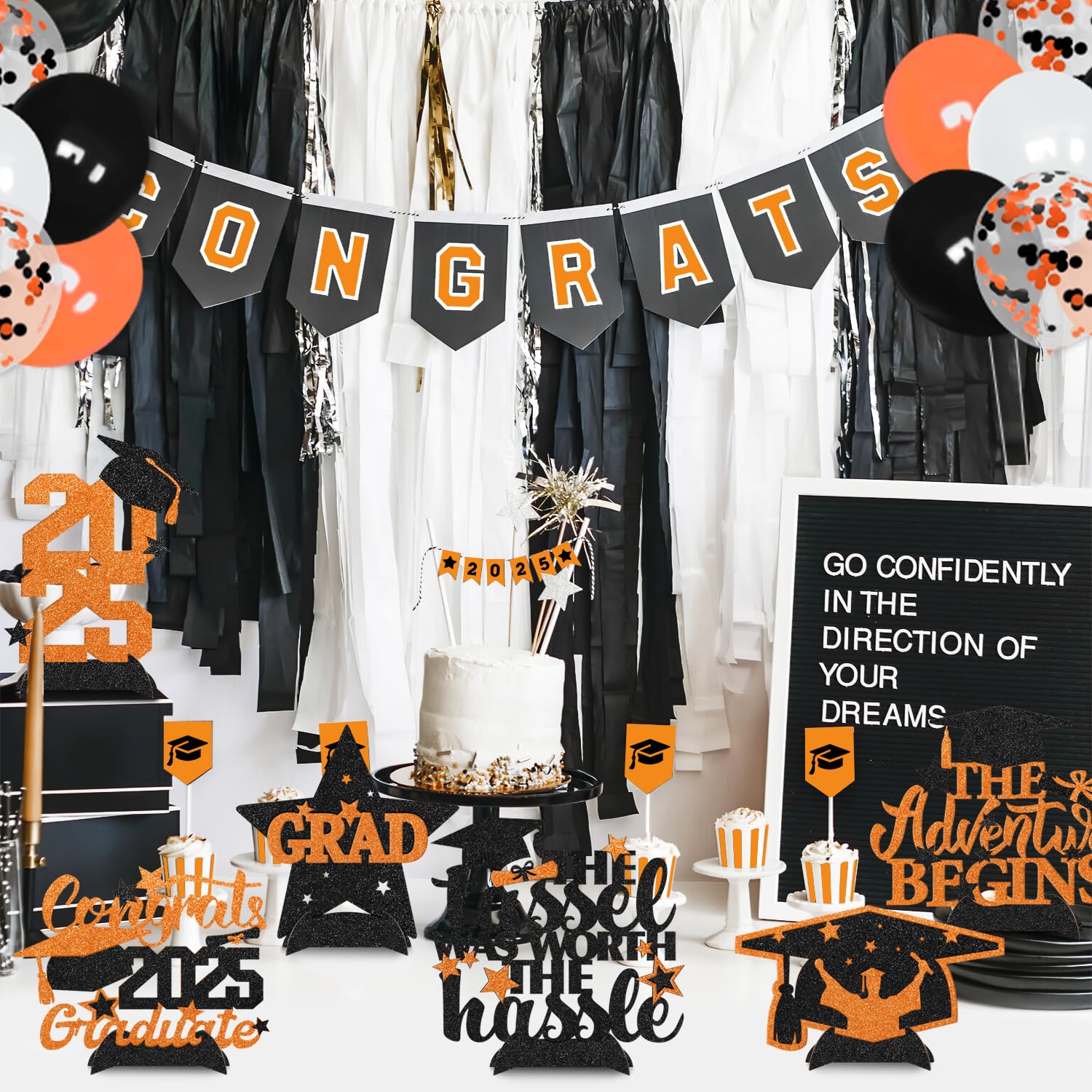 2025 Orange Graduation Glitter Centerpieces - Set of 6 | Graduation Table Decorations & Photo Booth Props | Perfect for Graduation Parties, School Celebrations & Commencement Ceremonies