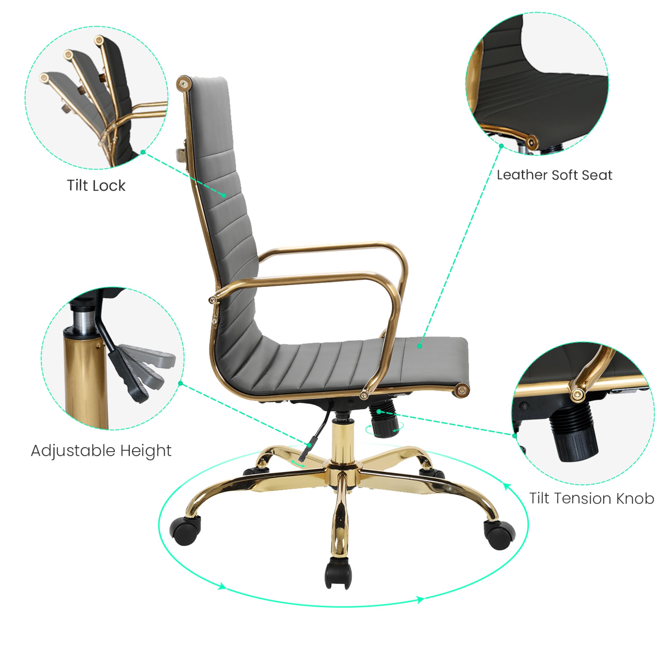 LeisureMod Harris High-Back Ergonomic Office Chair - Modern Leather Executive Desk Chair with Gold Frame, 360° Swivel & Adjustable Height - Perfect for Home Office, Study Room & Workspace
