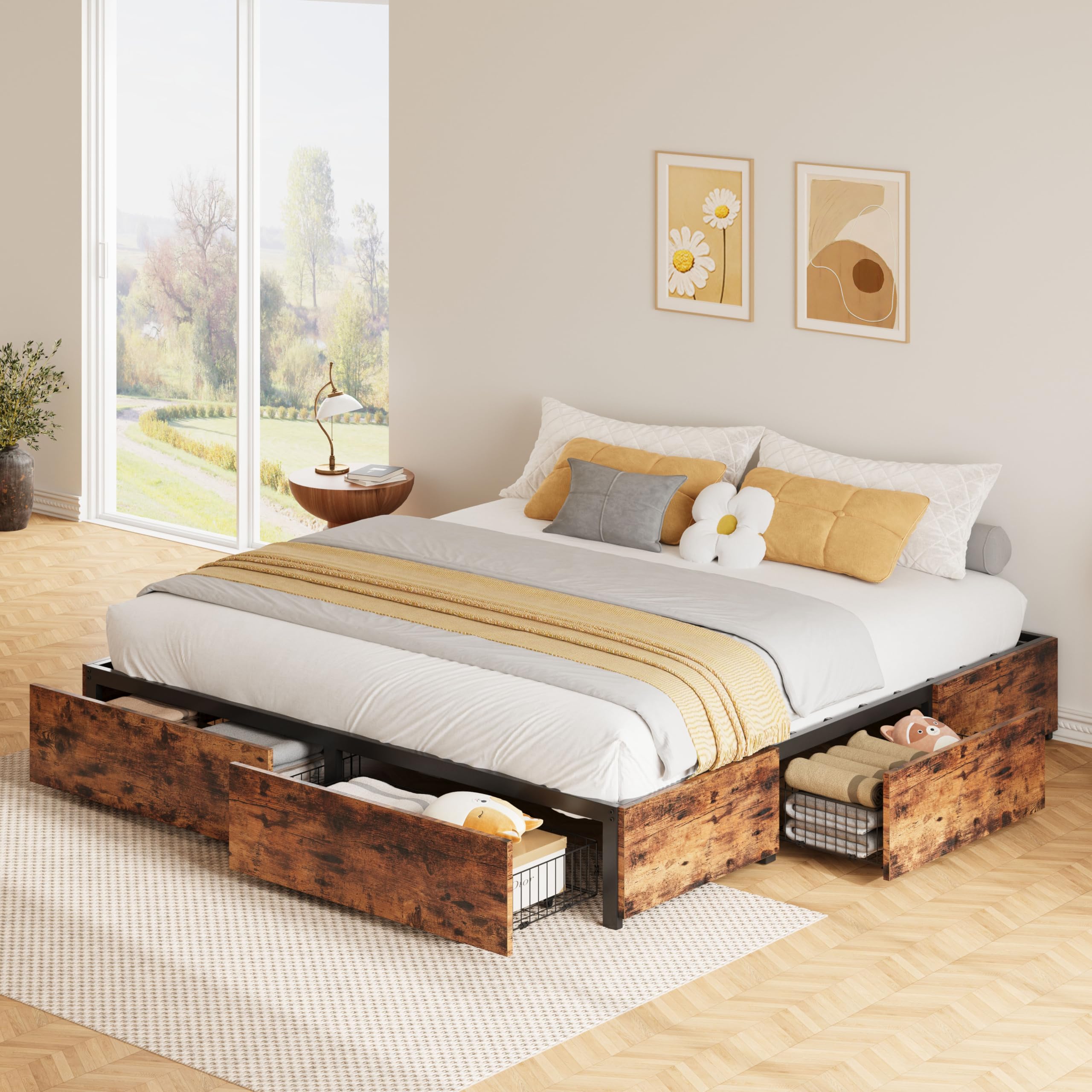 LIKIMIO King Size Bed Frame with Storage - Heavy Duty Metal Platform Bed with 4 Drawers, Sturdy Support, Noise-Free Design, No Box Spring Required, Easy Assembly, Vintage Brown Finish - Perfect for Master Bedroom, Guest Room, or Small Space Storage Solutions