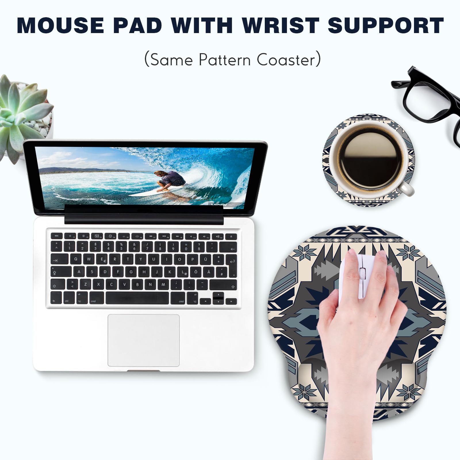 Ergonomic Mouse Pad with Wrist Rest - Cute Gel Support Memory Foam Mouse Mat, Non-Slip PU Base for Pain Relief - Perfect for Office, Home & Gaming Computers (Boho Style) | Comfortable Typing & Long Work Sessions