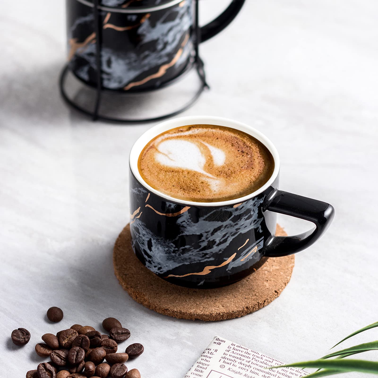 Premium 210ML Stackable Ceramic Cappuccino Cups Set of 4 with Stand - Elegant Black Coffee Mugs for Espresso, Tea & Hot Beverages - Perfect for Home, Office & Cafe Use
