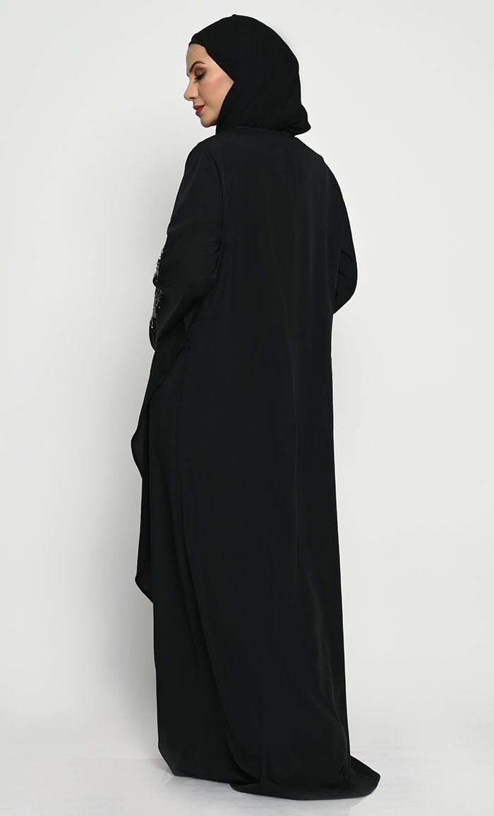 Elegant Embroidered Layered Crepe Abaya Dress with Bell Sleeves & Sleeveless Inner Layer - Perfect for Eid, Ramadan, Wedding & Special Occasions