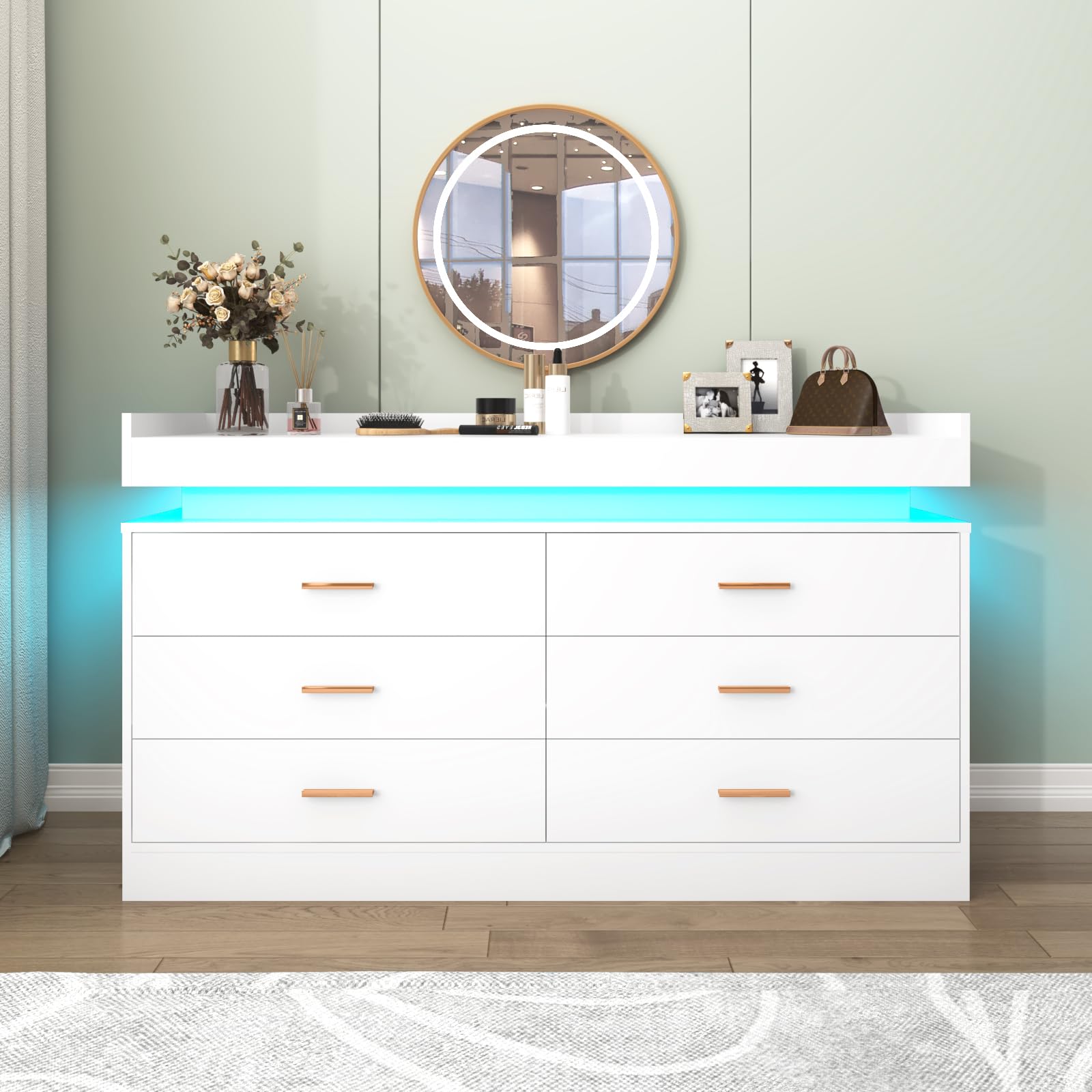 6-Drawer LED Dresser with USB Charging Station - Modern White Chest of Drawers for Bedroom, Closet & Entryway - Spacious Storage Cabinet with Wide Drawers for Clothes, Accessories & Home Organization - Perfect for Apartments, Dorms & Small Spaces