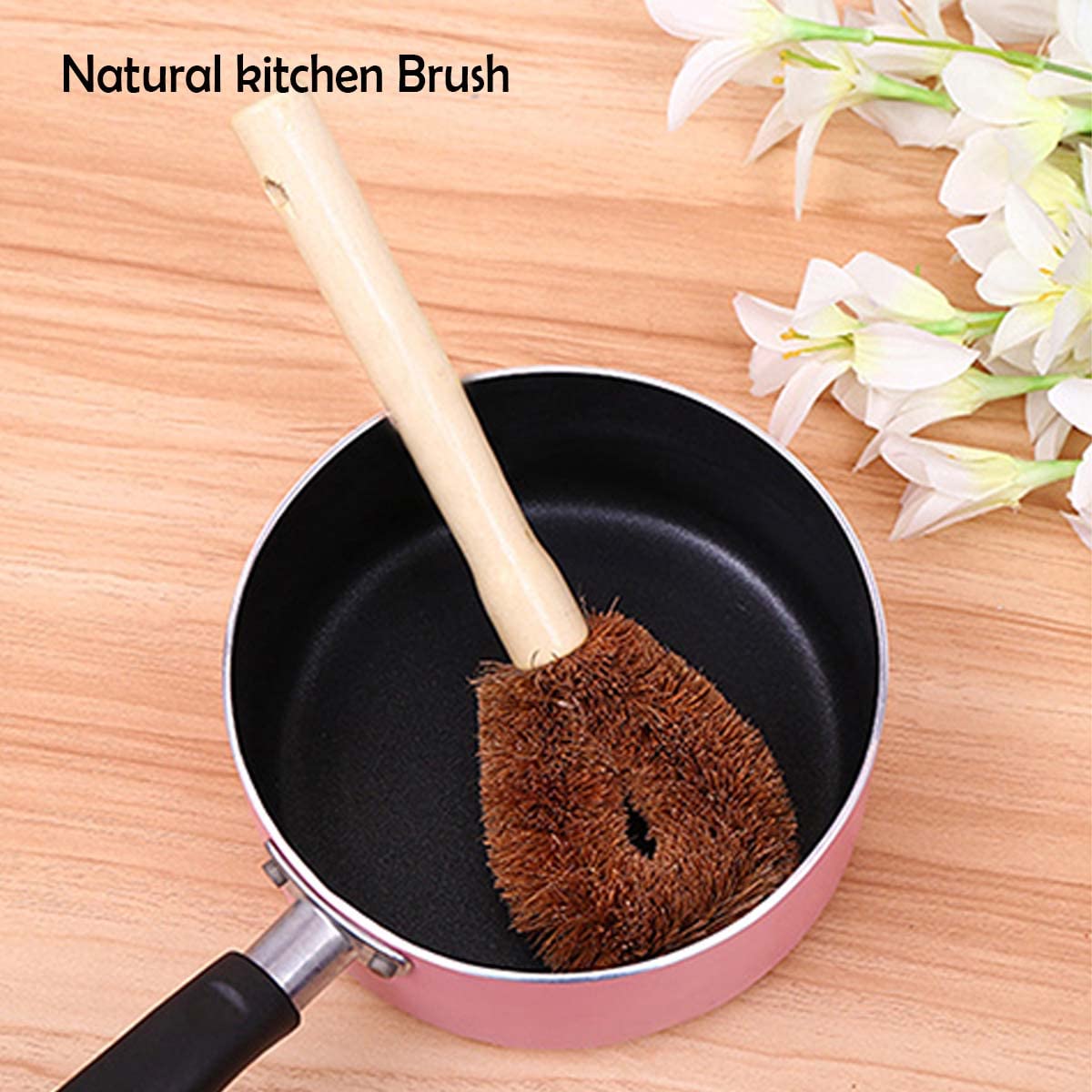 Natural Coconut Fiber Scrub Brush Set - Wooden Handle for Dish, Bottle & Veggie Cleaning - Pack of 2