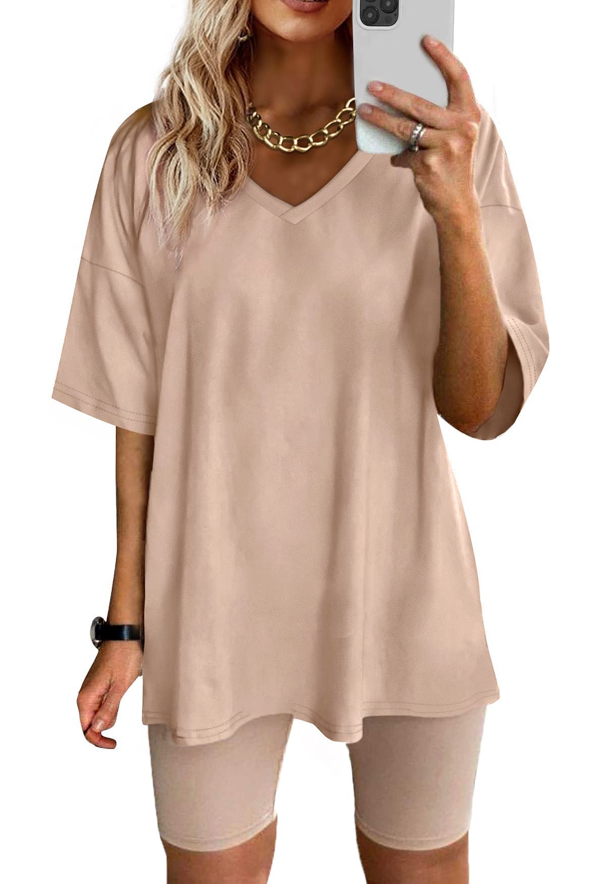 Youdiao Women's Summer Casual Two Piece Outfit - Oversized V-Neck T-Shirt & Biker Shorts Set | Lounge Wear, Gym, Running, Street Fashion