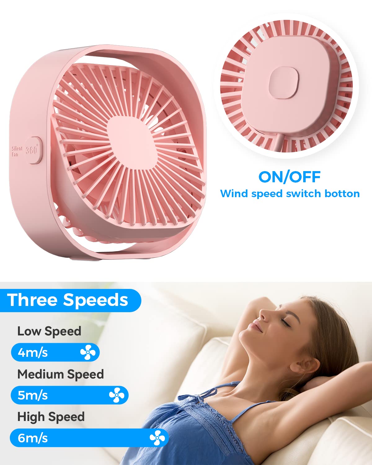 4 Inch Small USB Desk Fan - 3-Speed Portable & 360° Rotatable Mini Cooling Fan | USB-Powered Desktop Fan for Home, Office, Bedroom, Dorm | Perfect for Indoor, Outdoor & Summer Use | Great Gift Idea for Students & Professionals