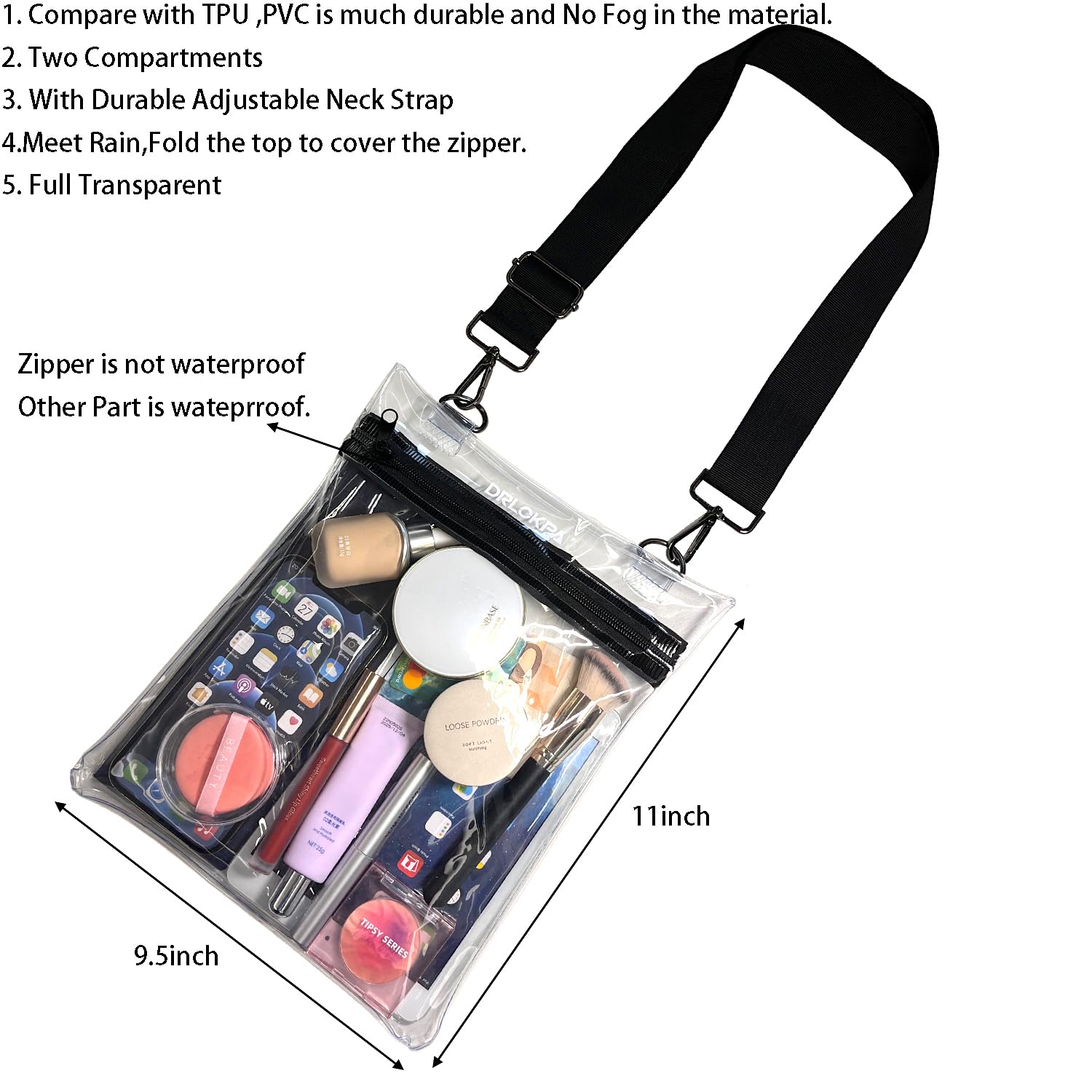 DRLOKPAK Clear Crossbody Bag - Stadium Approved Transparent Purse for Concerts, Sports Events, Gym, Graduation & School - Secure & Stylish (Black) | Perfect for Music Festivals, NFL Games & Airport Security