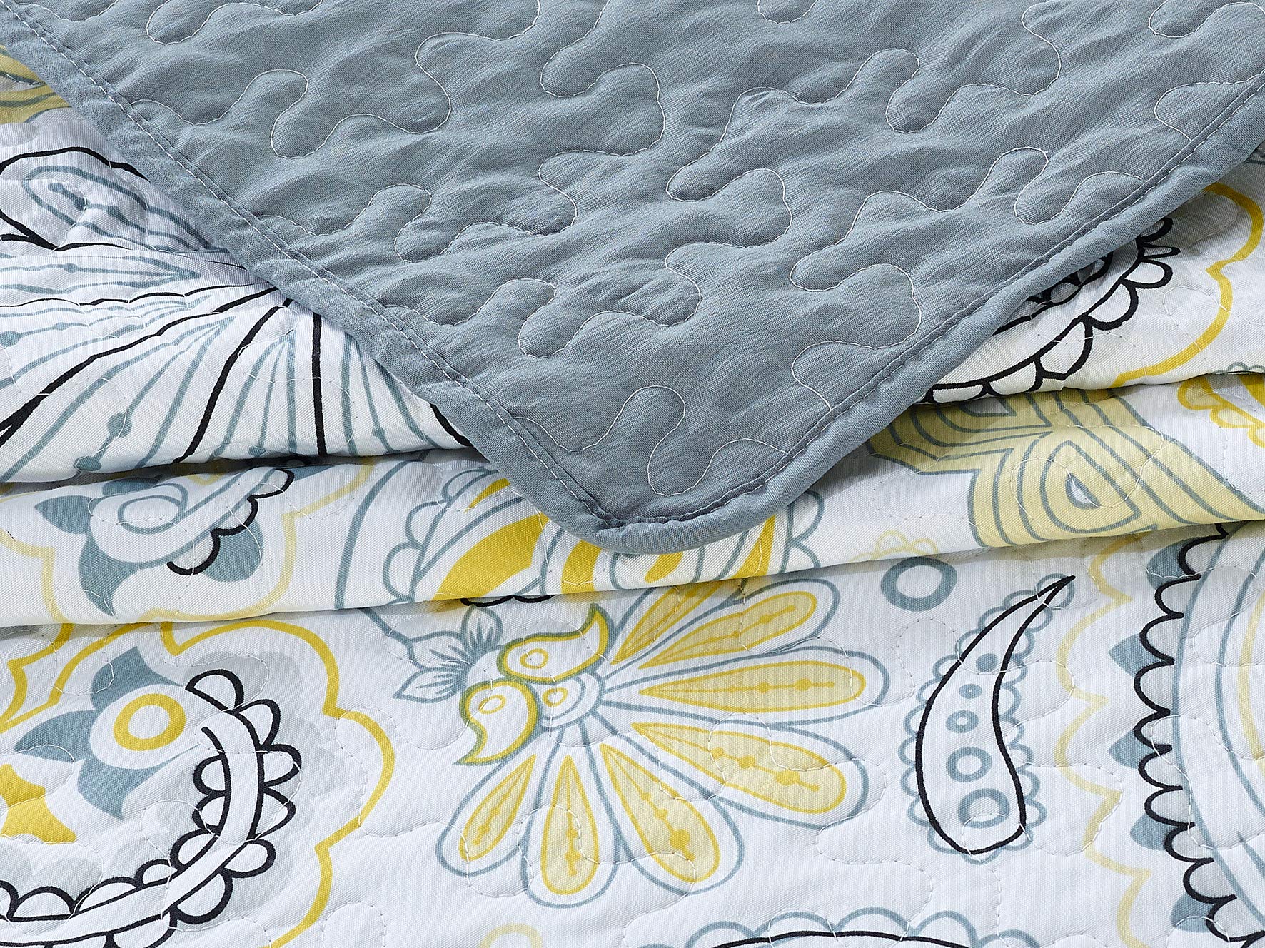 Reversible Paisley Bedspread Quilt Set - Twin, Yellow & Grey for Cozy Bedroom Decor