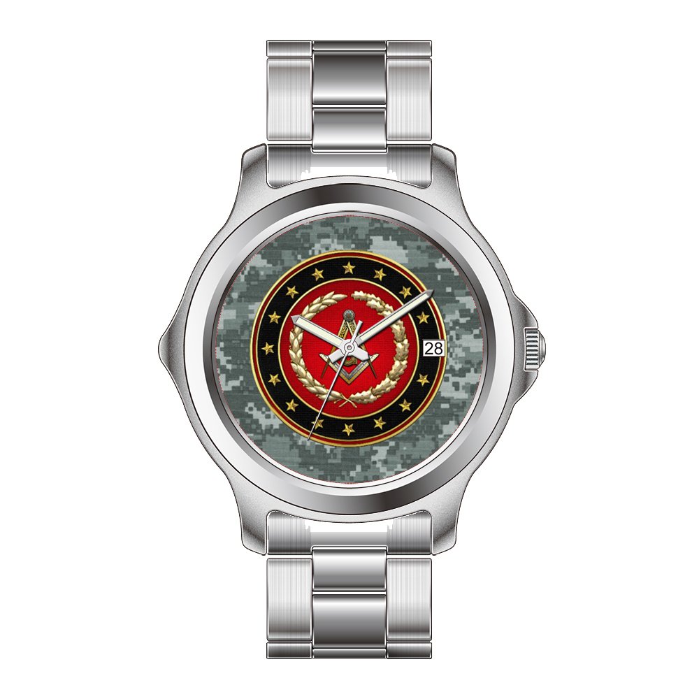 **Masonic Square and Compasses Men's Stainless Steel Quartz Watch - Japanese Movement, Date Display, Fashion Wristwatch for Christmas Gifts - Perfect for Freemason Events, Formal Occasions & Daily Wear**